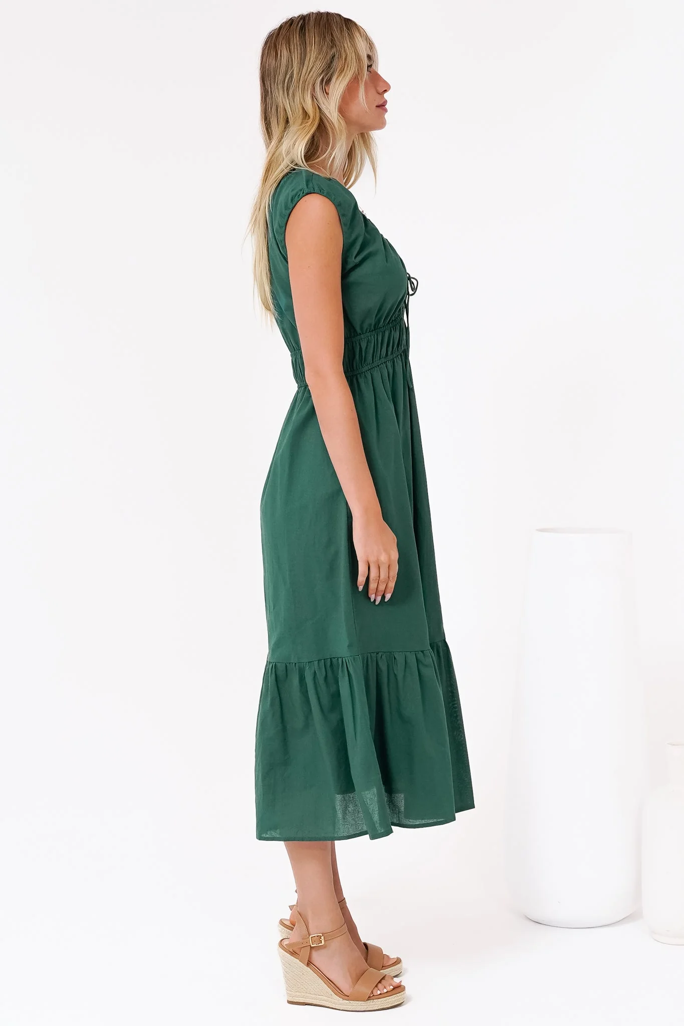 Miramar Midi Dress - V-Neck Gathered Bust Cap Sleeve Dress with Pockets in Emerald - Image 7