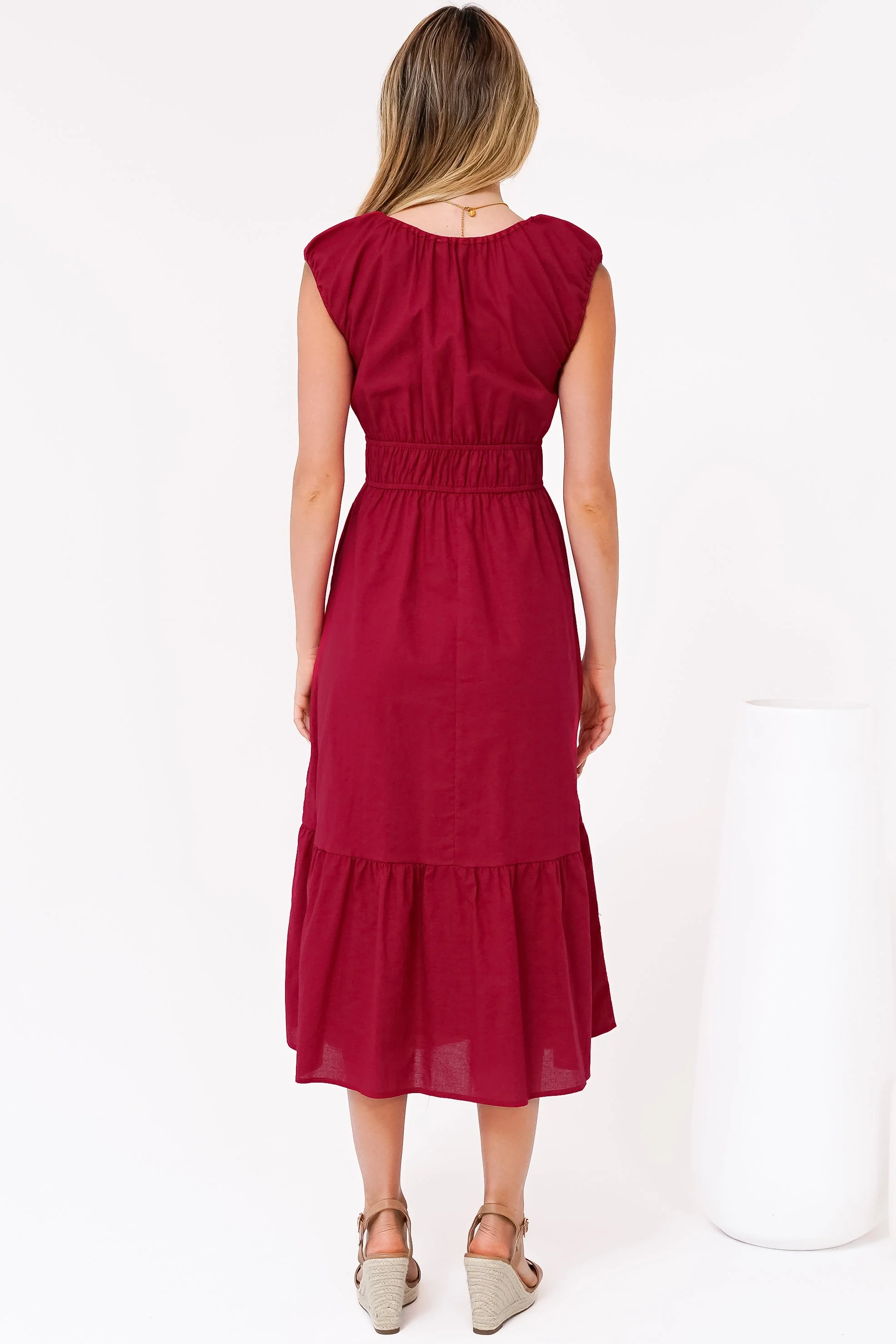 Miramar Midi Dress - V-Neck Gathered Bust Cap Sleeve Dress with Pockets in Red - Image 8