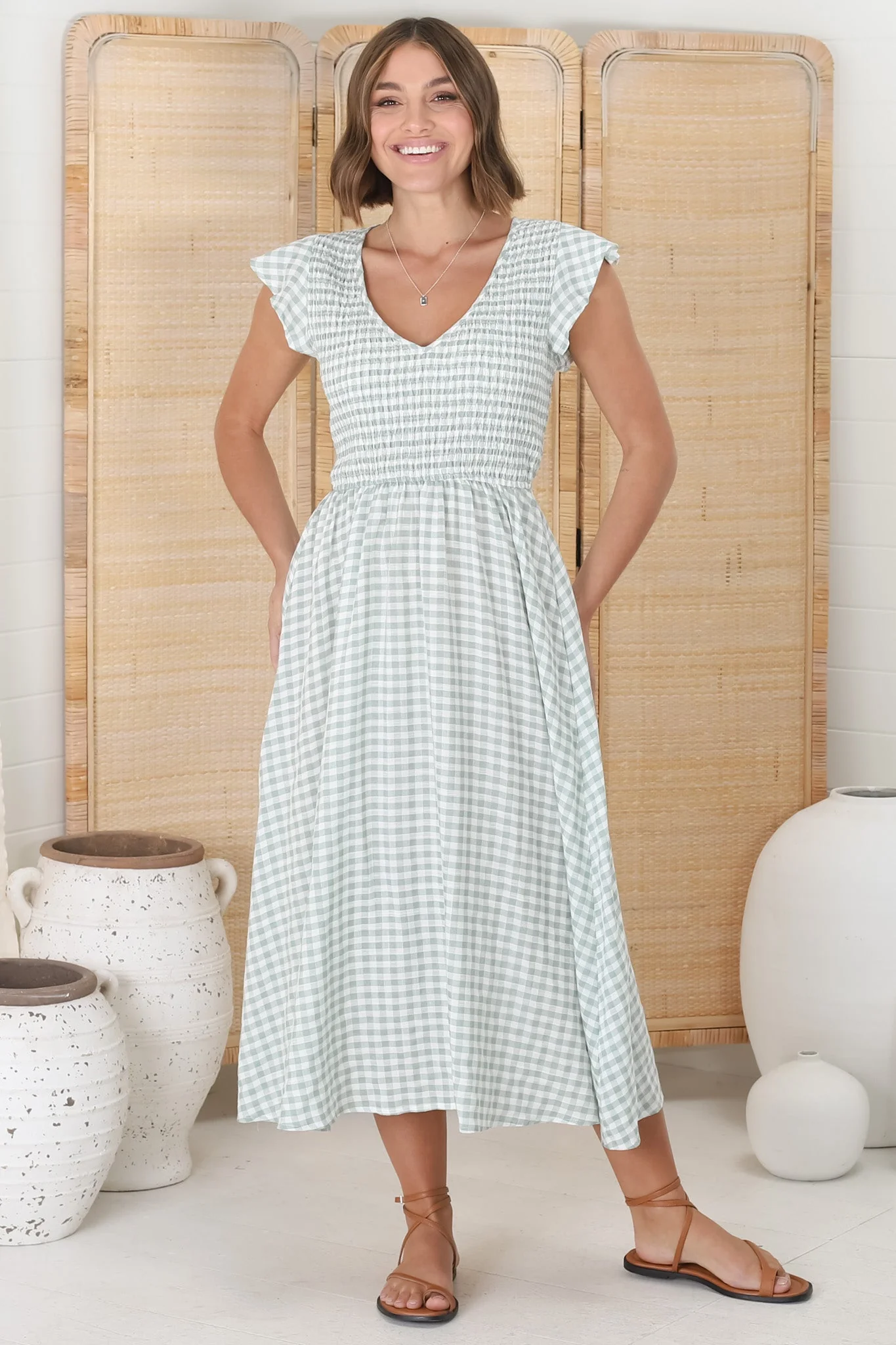 Mistee Midi Dress - Flutter Cap Sleeve Elasticated Bodice A Line Dress in Gingham Print Green - Image 15