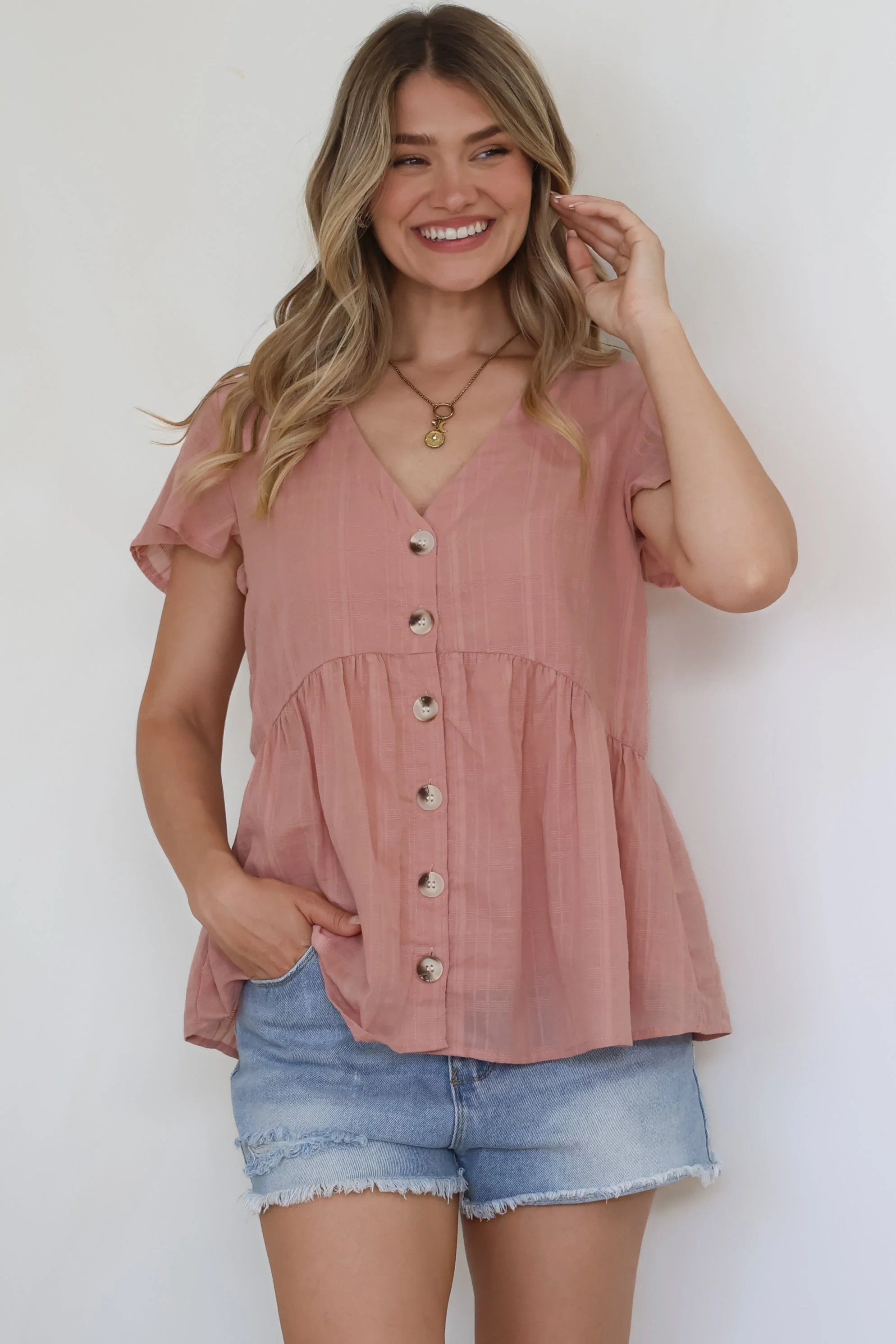 Mitzy Top - Textured Button Down Top with Cap Sleeves in Blush