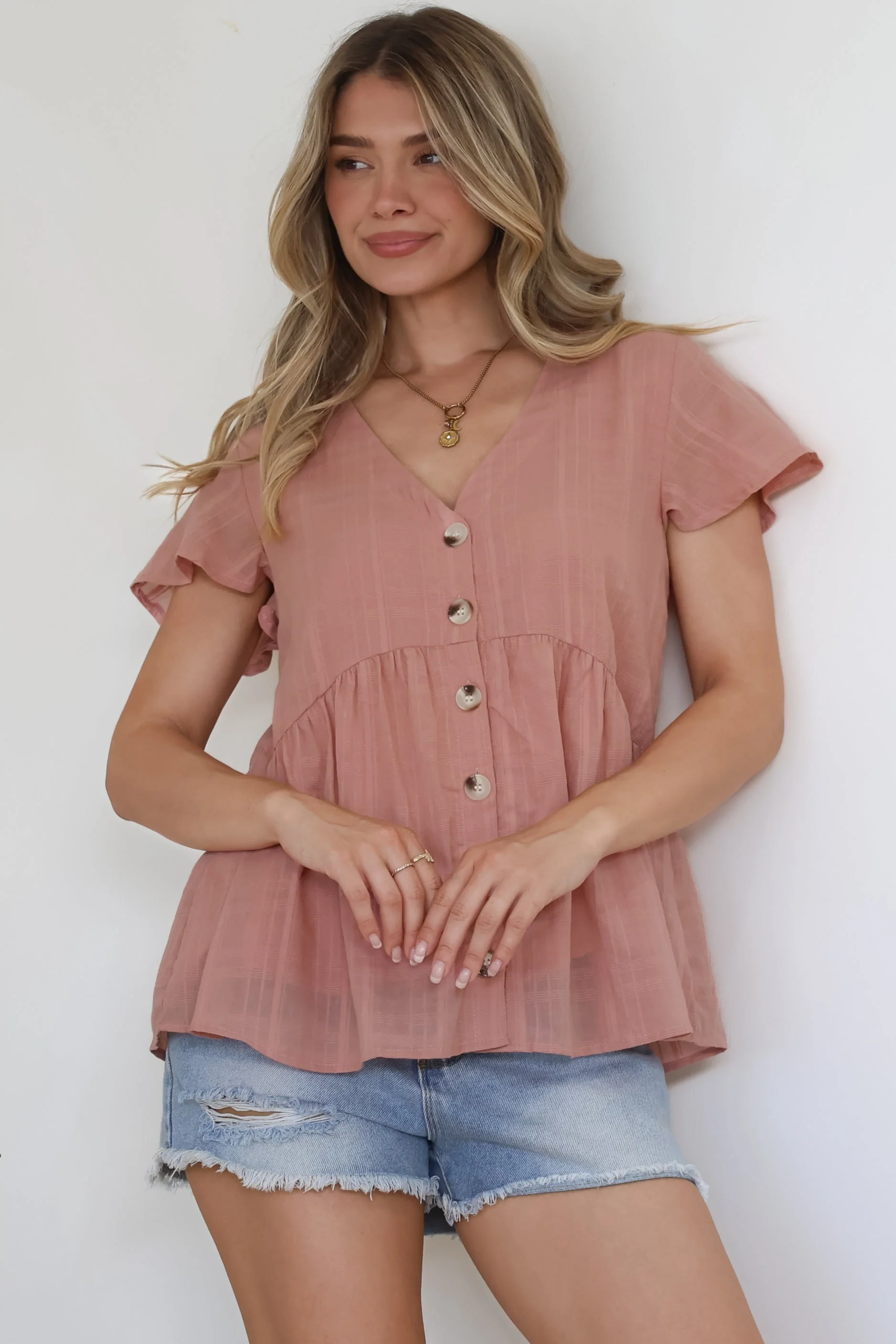 Mitzy Top - Textured Button Down Top with Cap Sleeves in Blush - Image 2