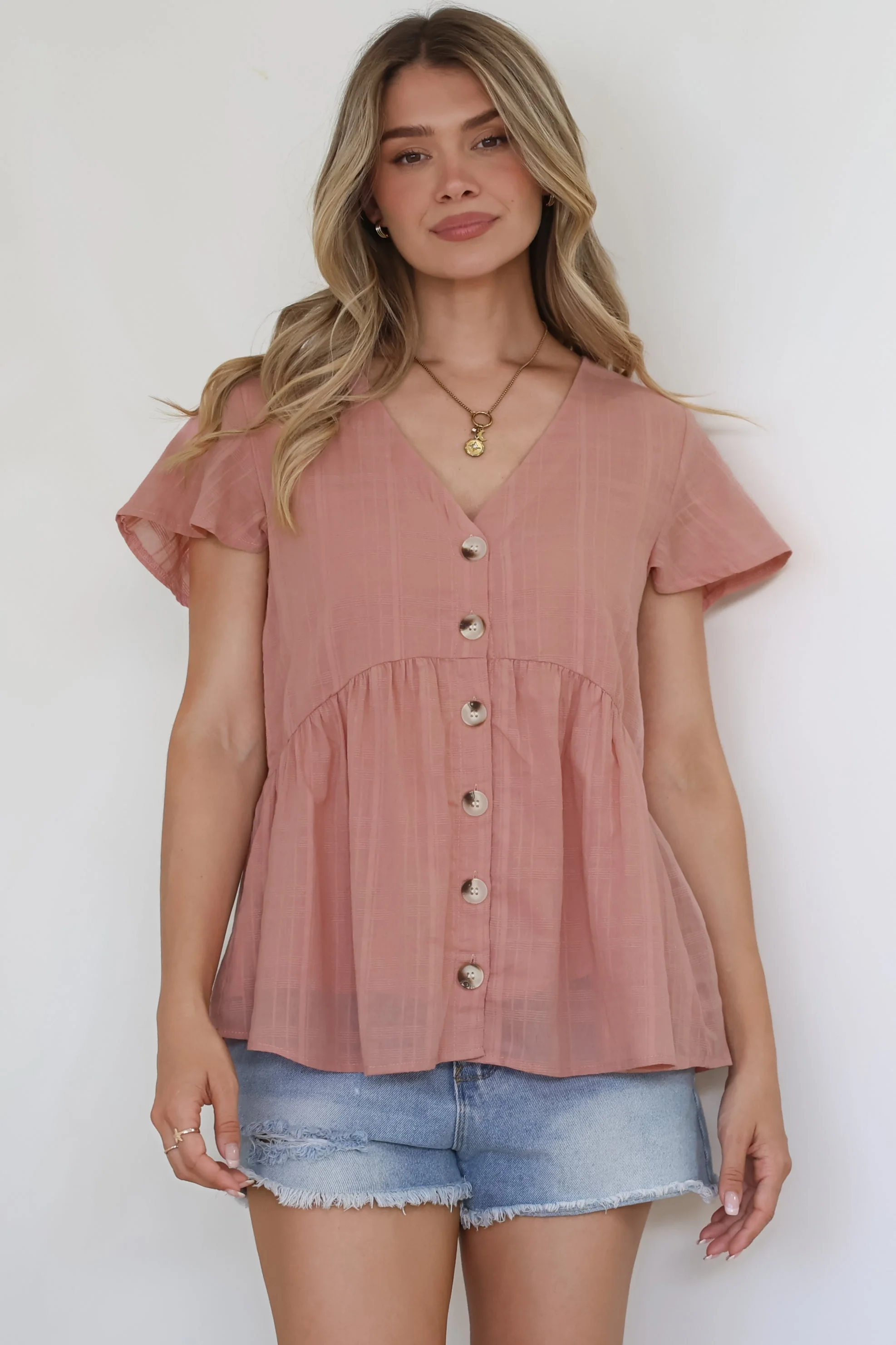 Mitzy Top - Textured Button Down Top with Cap Sleeves in Blush - Image 3