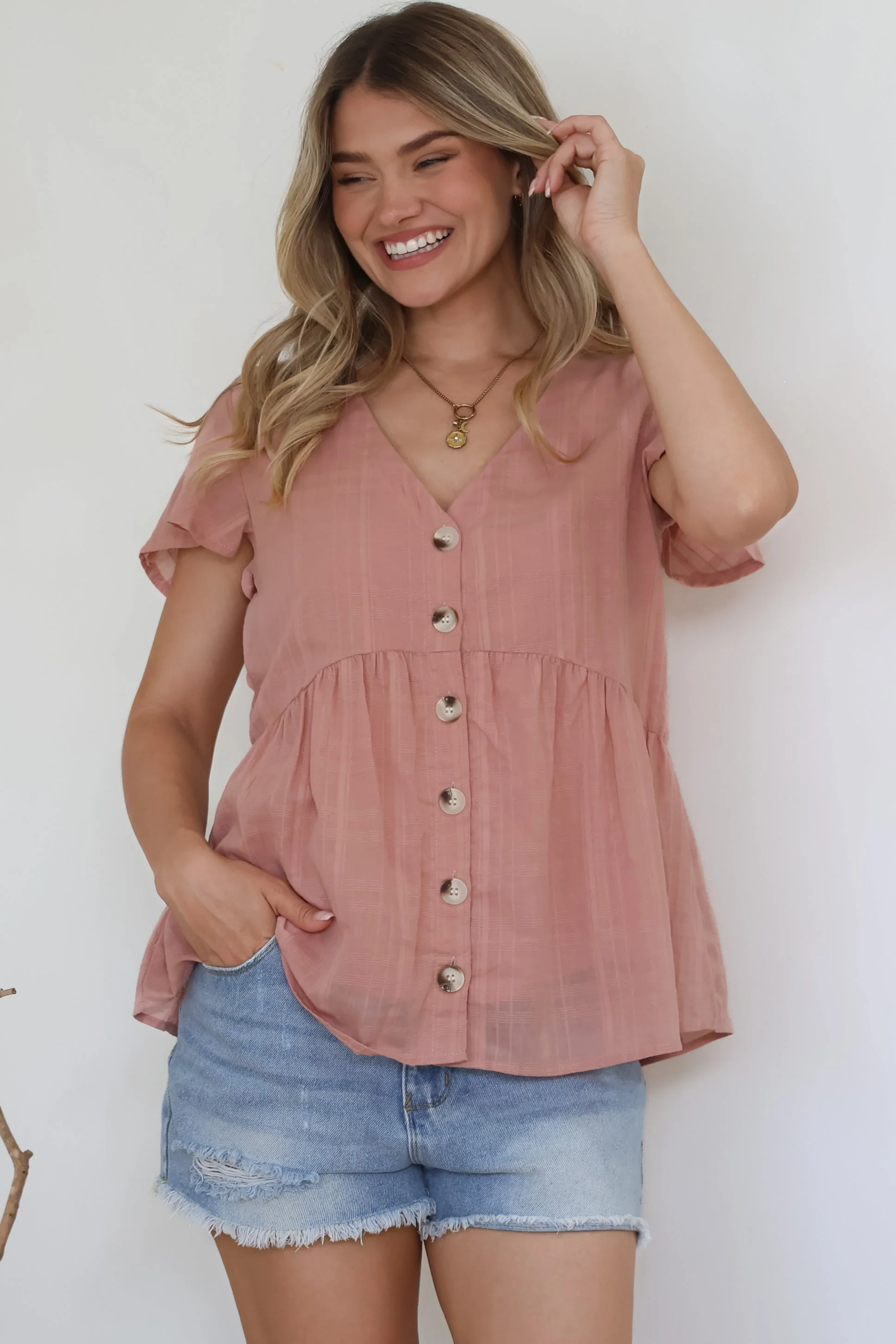 Mitzy Top - Textured Button Down Top with Cap Sleeves in Blush - Image 4