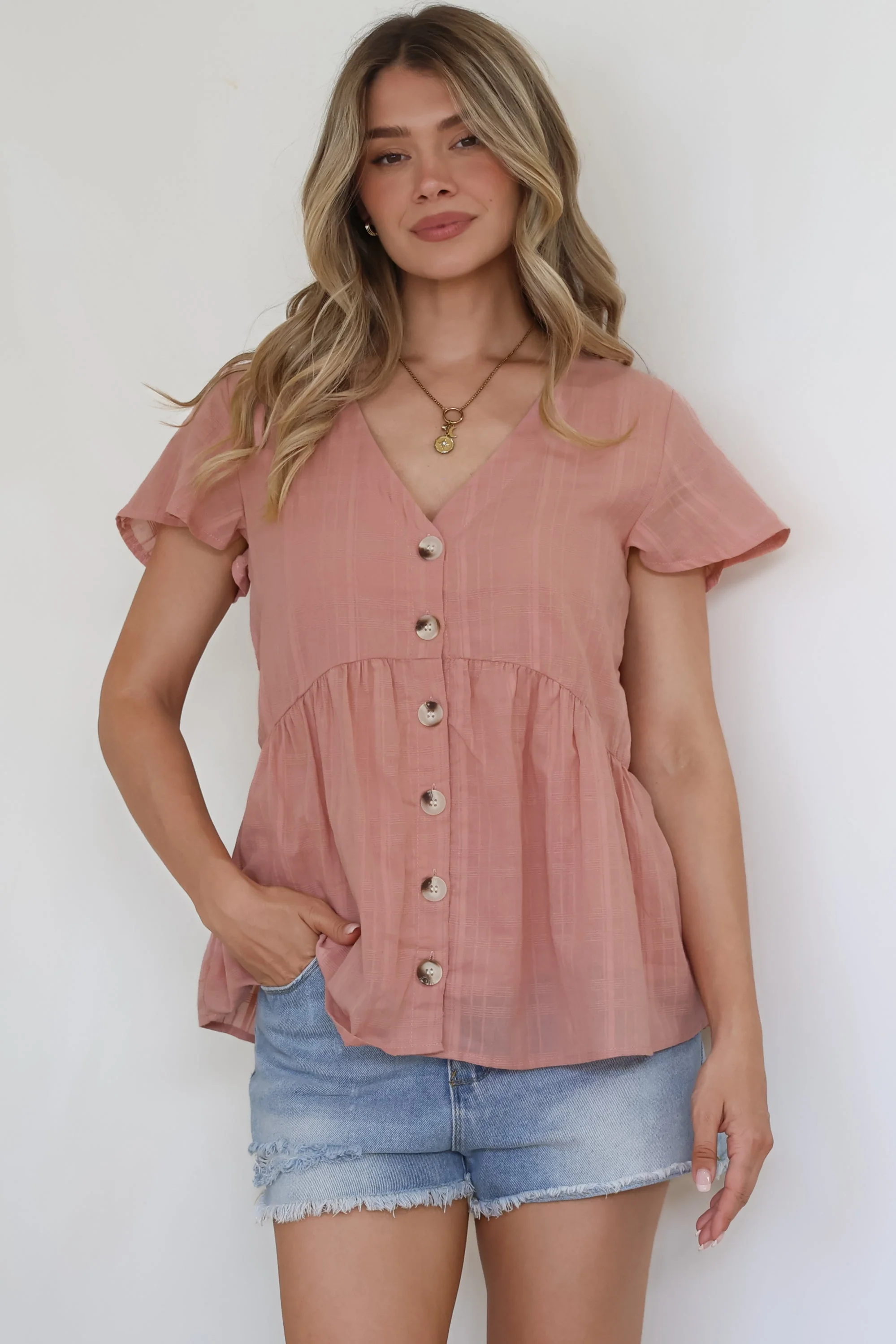 Mitzy Top - Textured Button Down Top with Cap Sleeves in Blush - Image 5