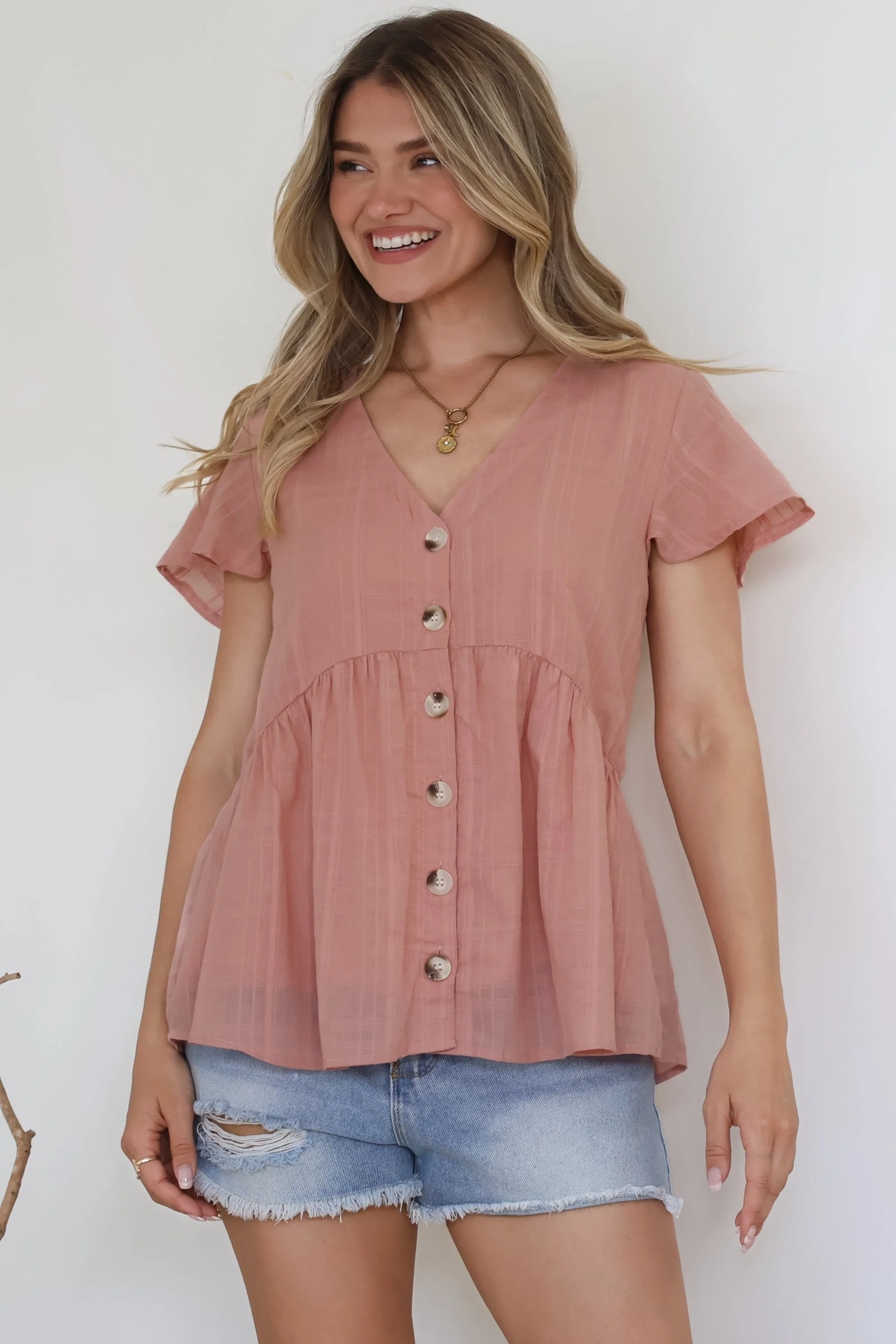 Mitzy Top - Textured Button Down Top with Cap Sleeves in Blush - Image 6