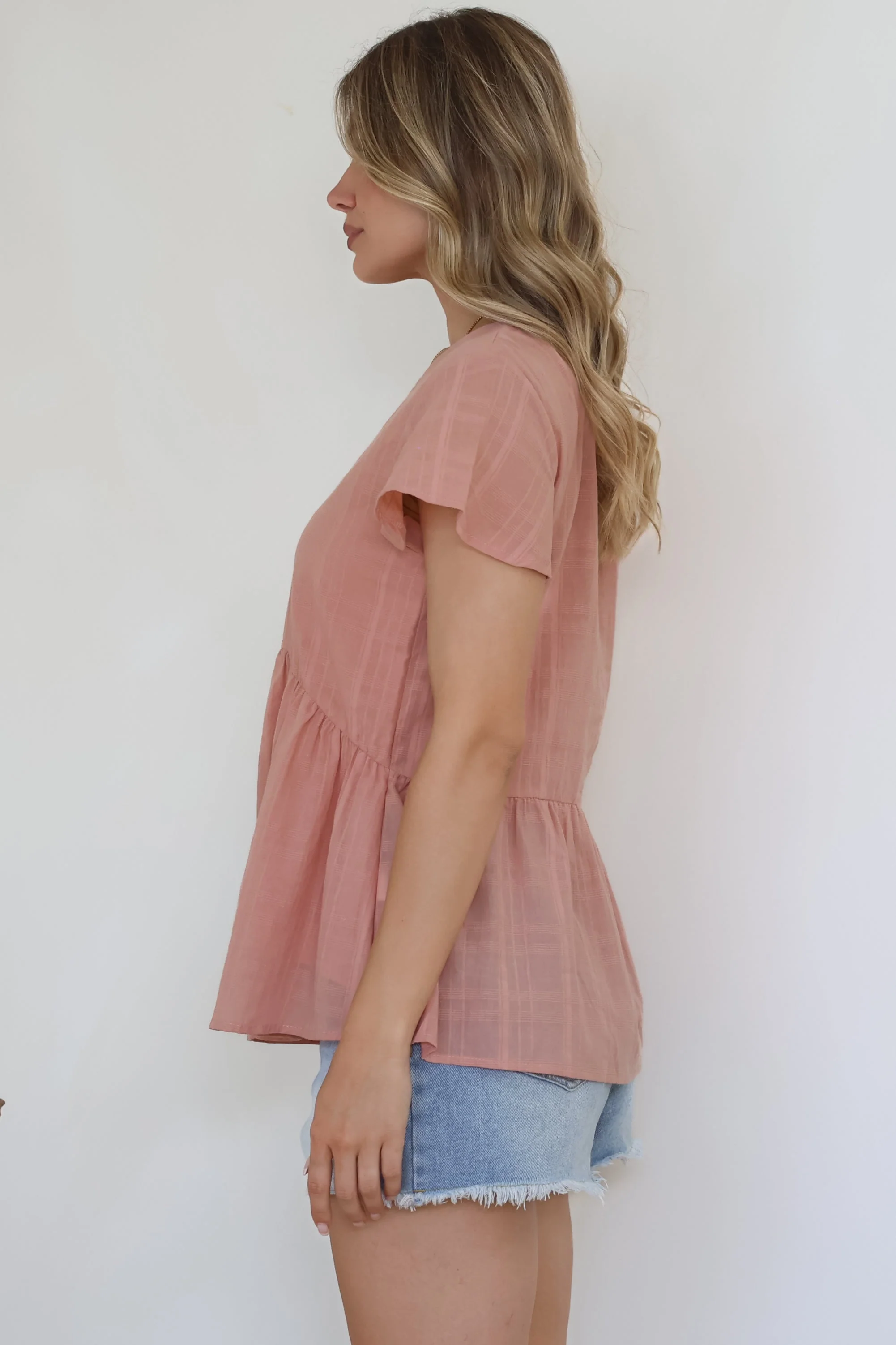 Mitzy Top - Textured Button Down Top with Cap Sleeves in Blush - Image 7