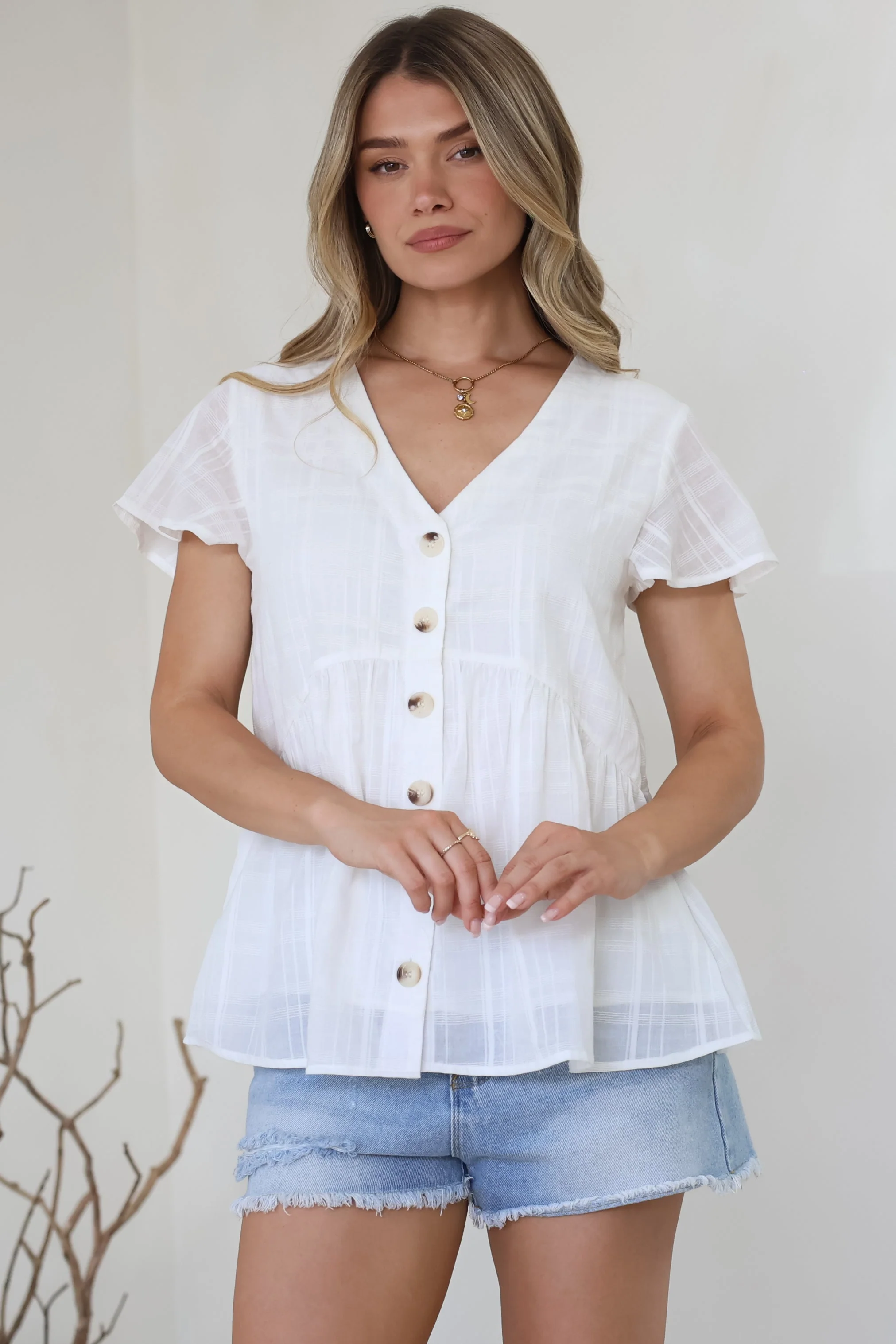 Mitzy Top - Textured Button Down Top with Cap Sleeves in White - Image 4