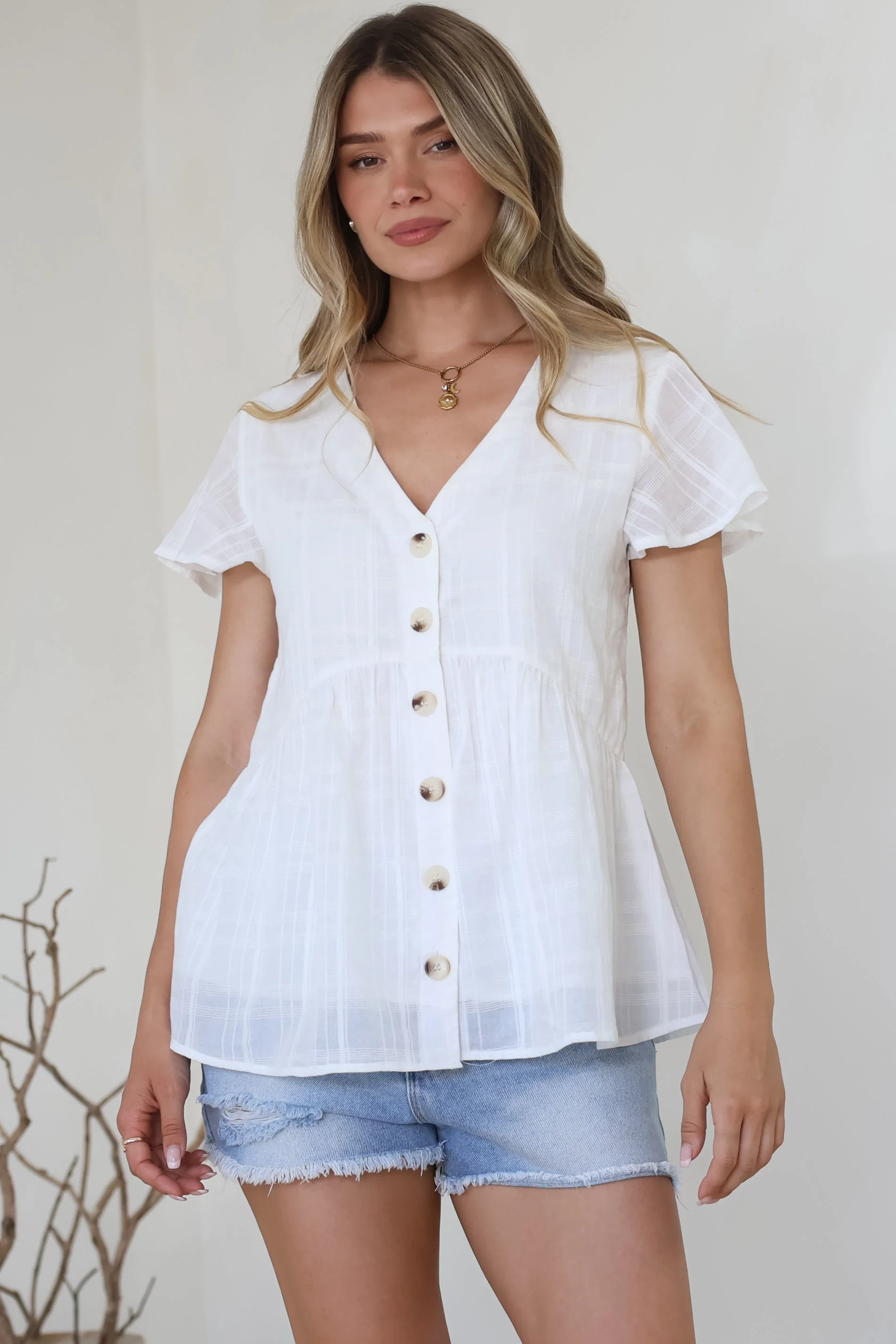 Mitzy Top - Textured Button Down Top with Cap Sleeves in White - Image 6