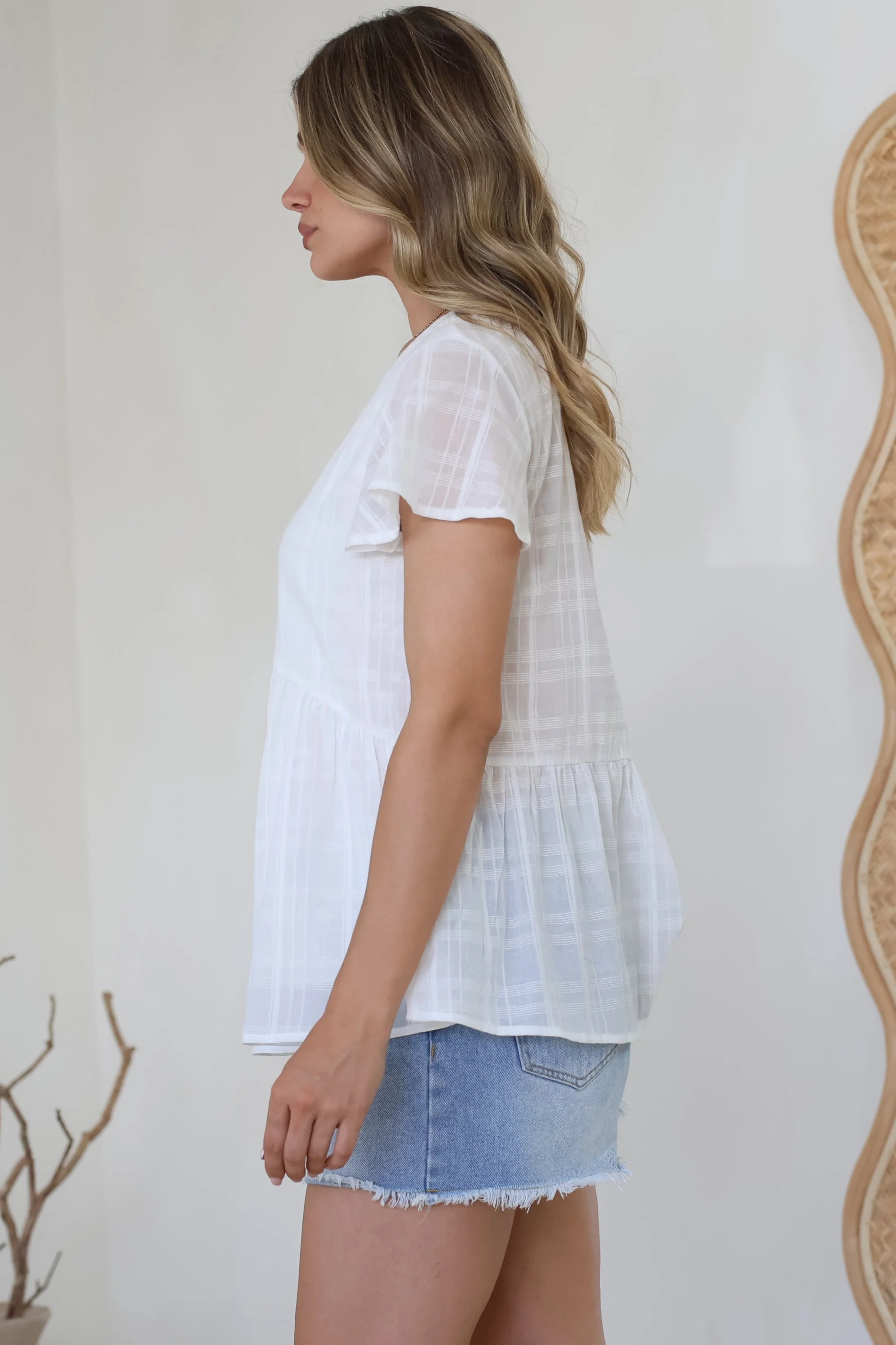 Mitzy Top - Textured Button Down Top with Cap Sleeves in White - Image 7
