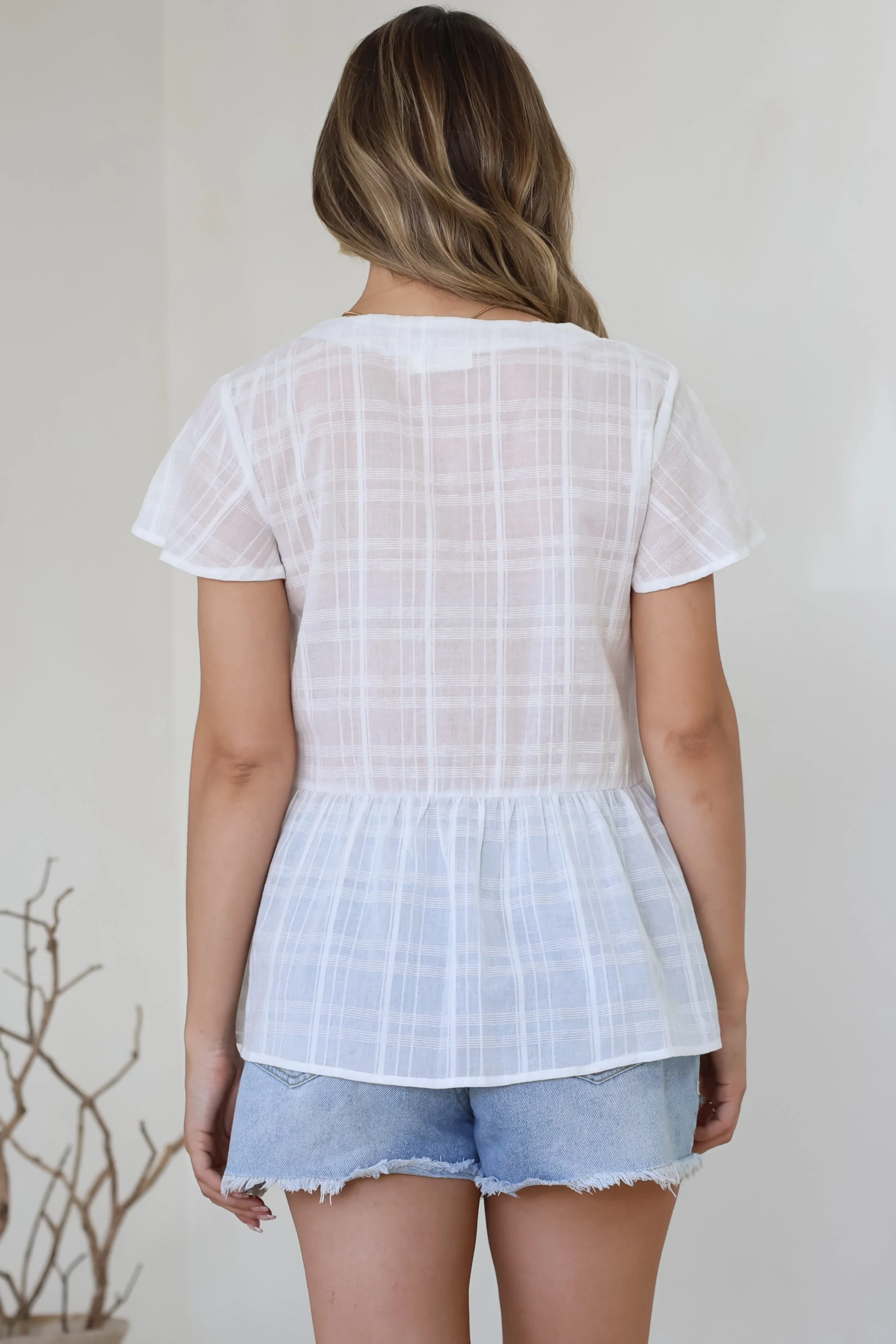 Mitzy Top - Textured Button Down Top with Cap Sleeves in White - Image 8