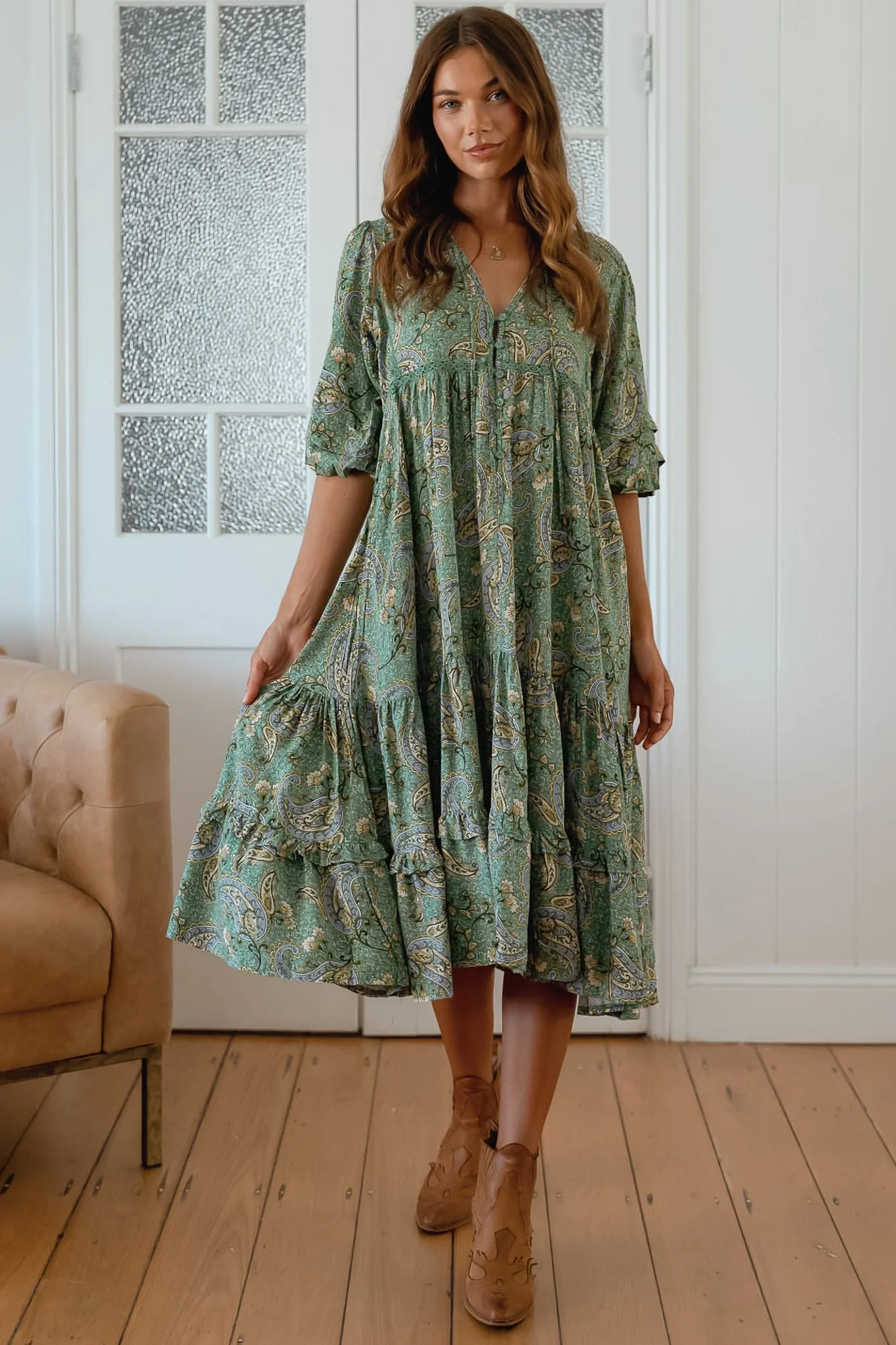 JAASE - Monday Midi Dress: V Neck Crochet Bustline Smock Dress with Balloon Sleeves in Sagewood Print - Image 2