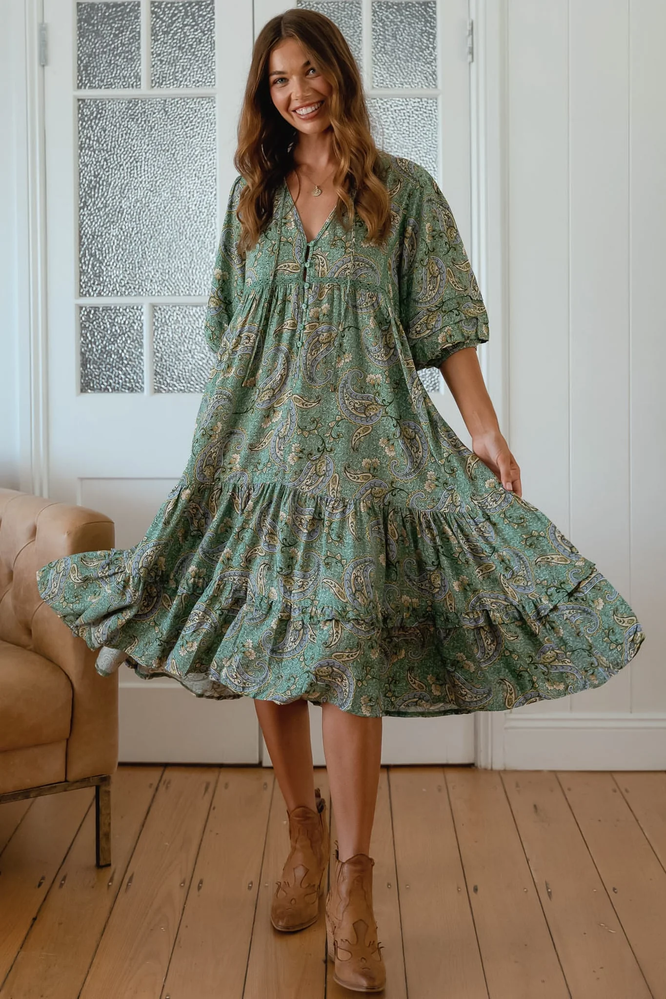 JAASE - Monday Midi Dress: V Neck Crochet Bustline Smock Dress with Balloon Sleeves in Sagewood Print - Image 3
