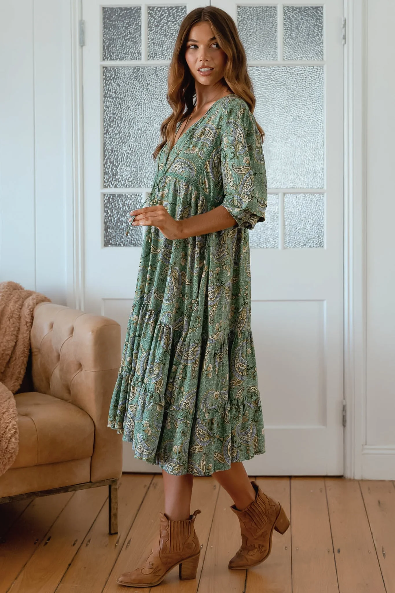 JAASE - Monday Midi Dress: V Neck Crochet Bustline Smock Dress with Balloon Sleeves in Sagewood Print - Image 4