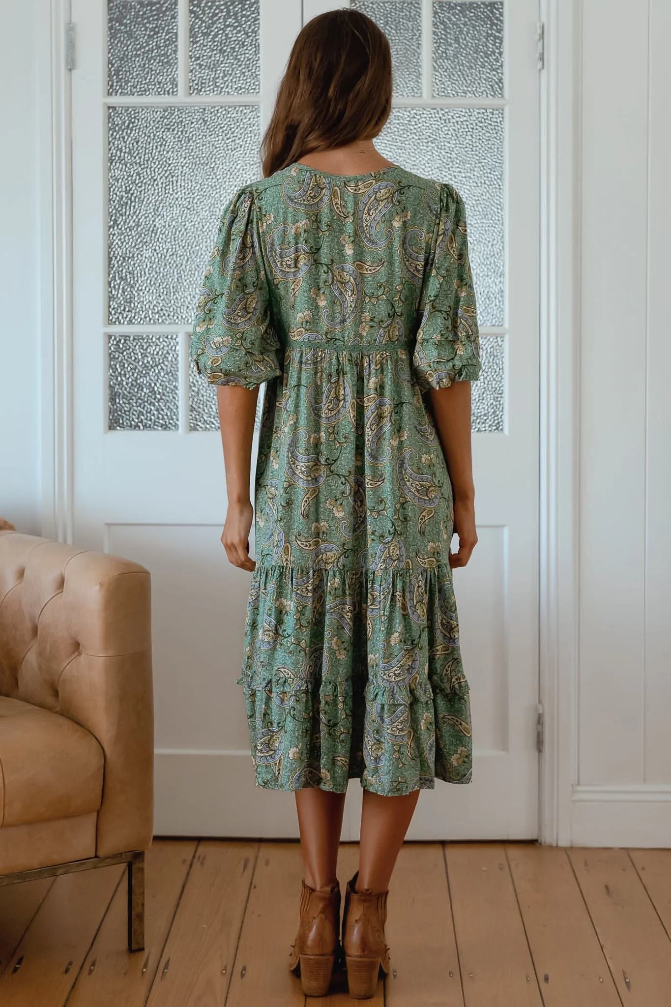 JAASE - Monday Midi Dress: V Neck Crochet Bustline Smock Dress with Balloon Sleeves in Sagewood Print - Image 5