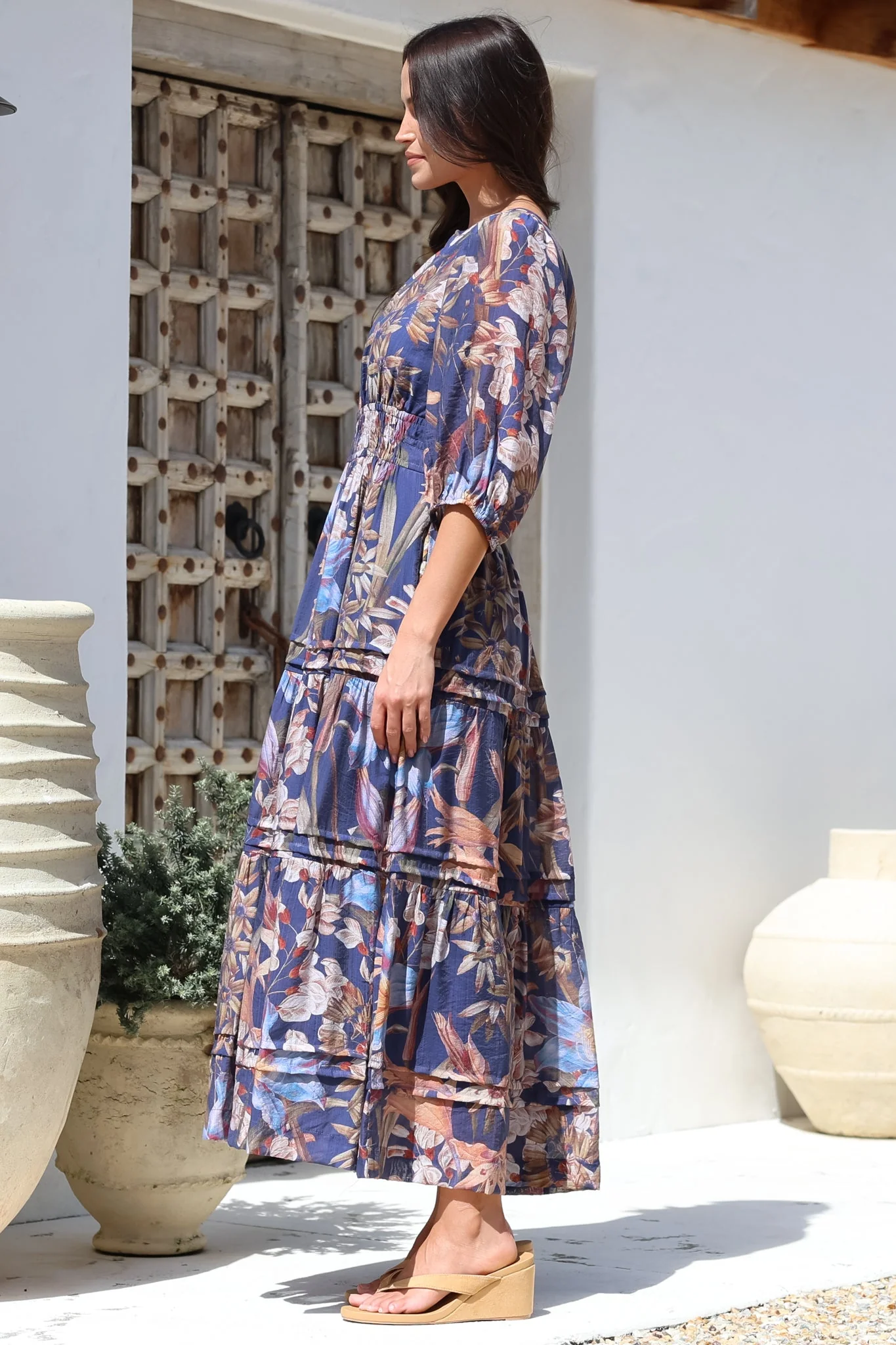 Mondelo Maxi Dress - Pleated Detailed A-Line Dress with 3/4 Balloon Sleeves in Belle Print Navy - Image 10