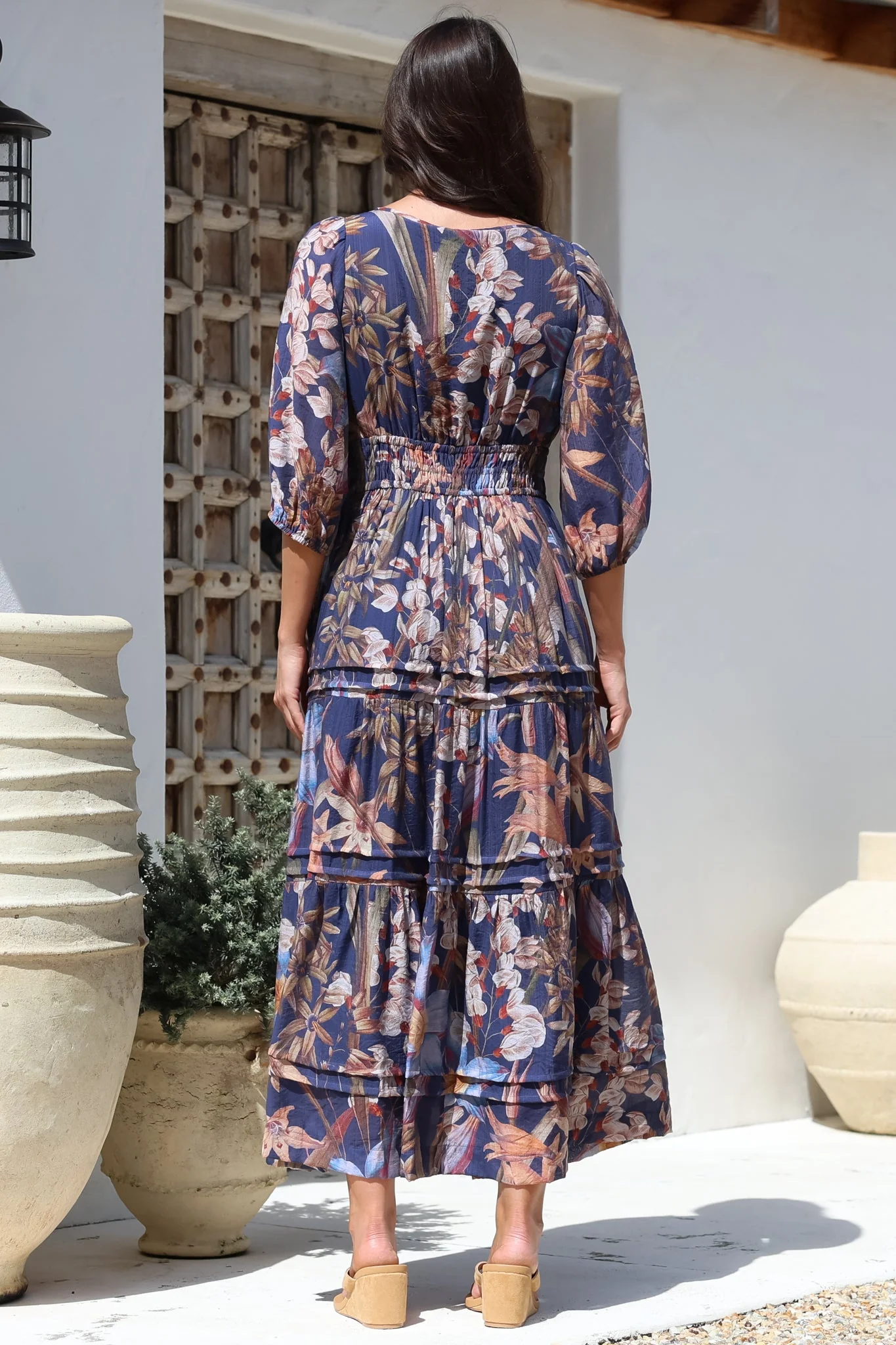 Mondelo Maxi Dress - Pleated Detailed A-Line Dress with 3/4 Balloon Sleeves in Belle Print Navy - Image 11