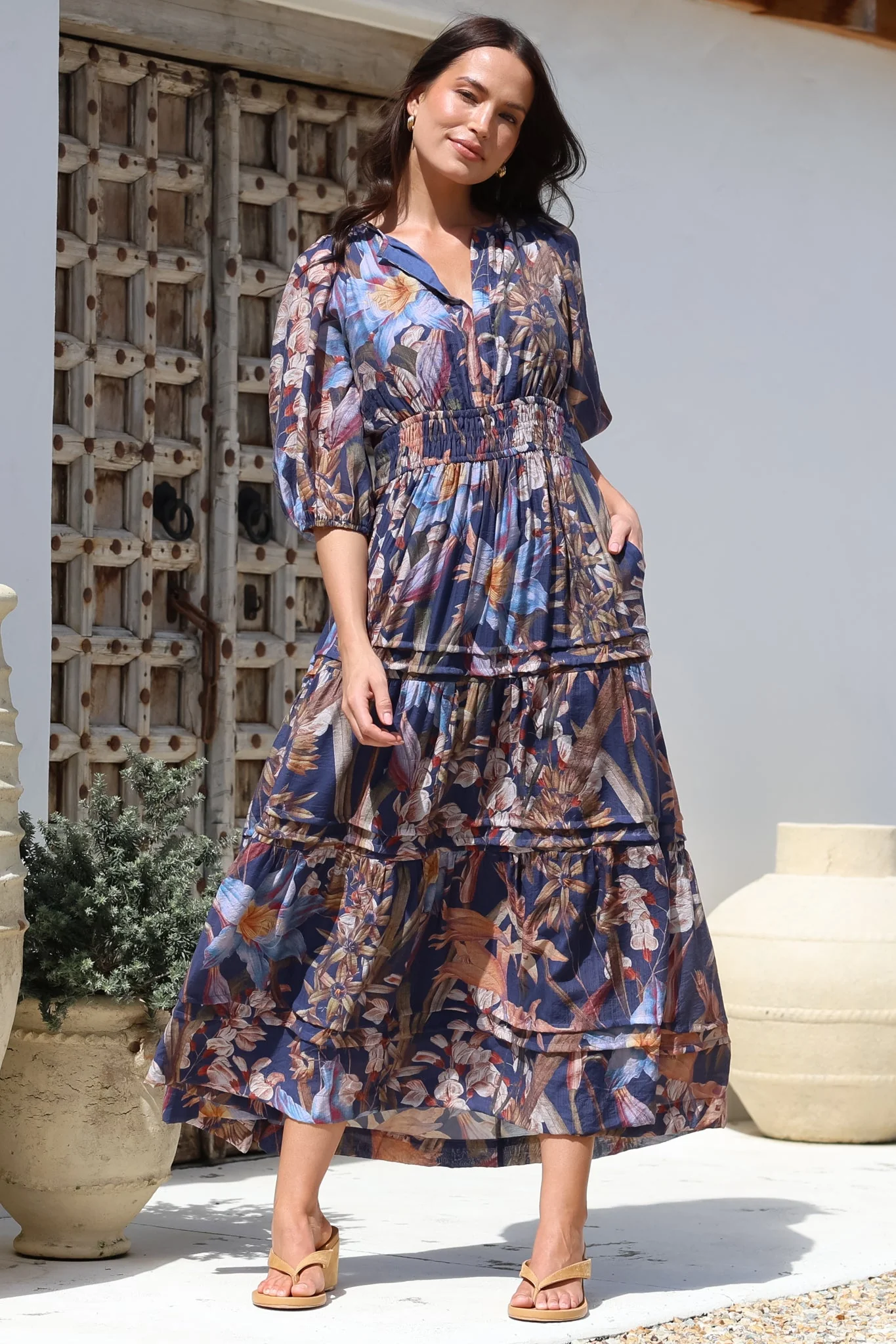Mondelo Maxi Dress - Pleated Detailed A-Line Dress with 3/4 Balloon Sleeves in Belle Print Navy - Image 2