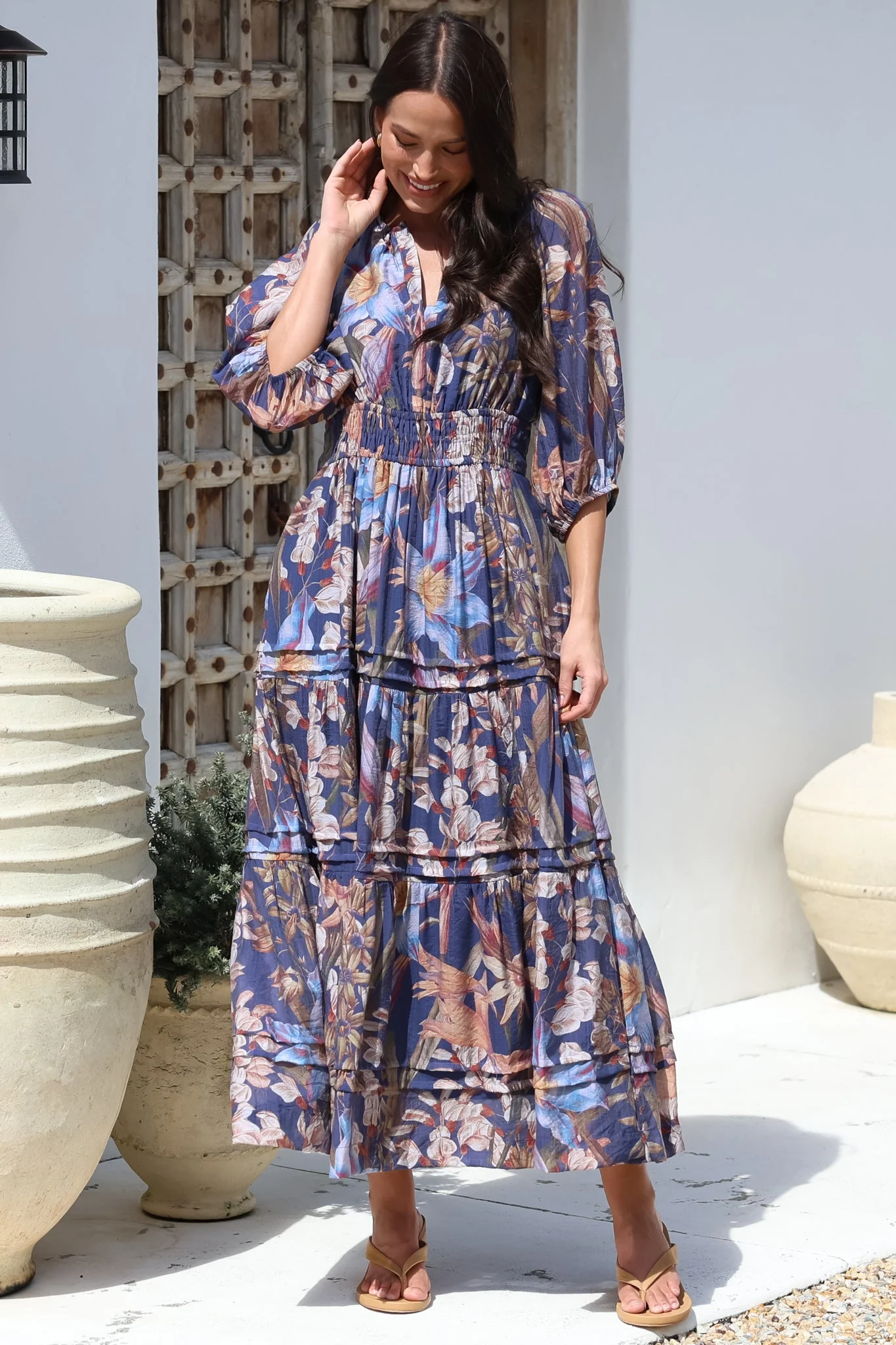 Mondelo Maxi Dress - Pleated Detailed A-Line Dress with 3/4 Balloon Sleeves in Belle Print Navy - Image 4