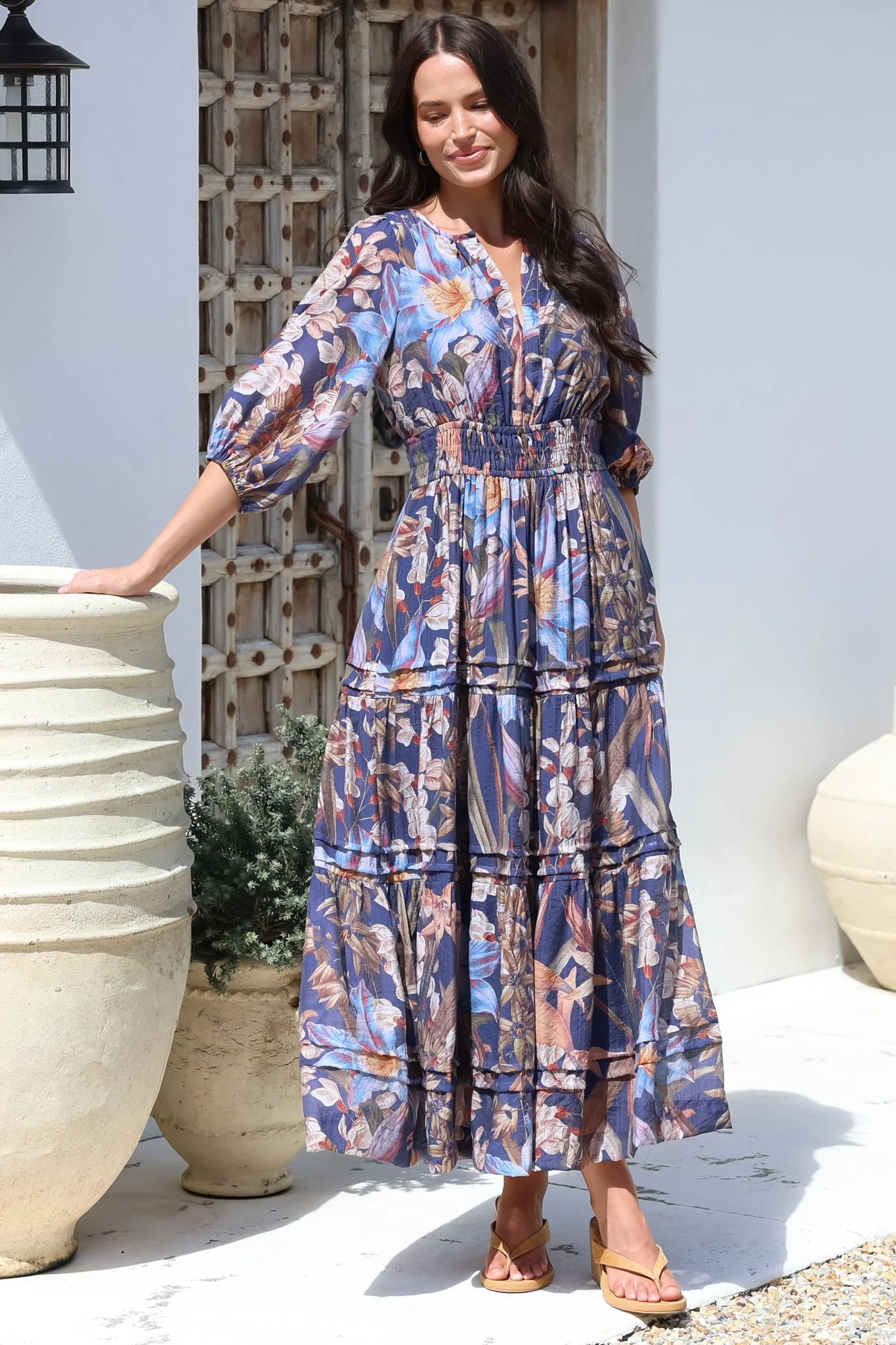 Mondelo Maxi Dress - Pleated Detailed A-Line Dress with 3/4 Balloon Sleeves in Belle Print Navy - Image 6