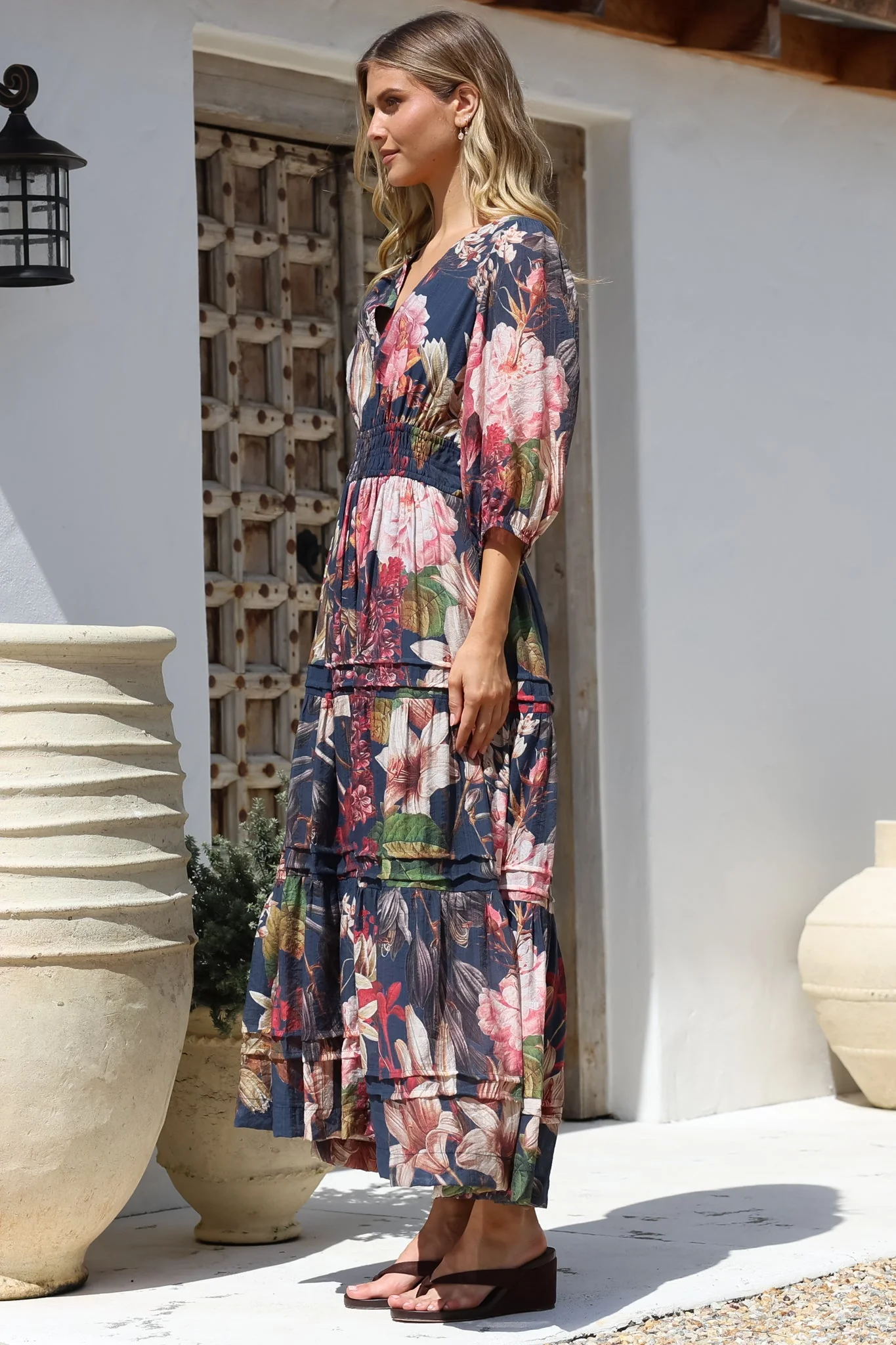 Mondelo Maxi Dress - Pleated Detailed A-Line Dress with 3/4 Balloon Sleeves in Leonor Print Navy - Image 10