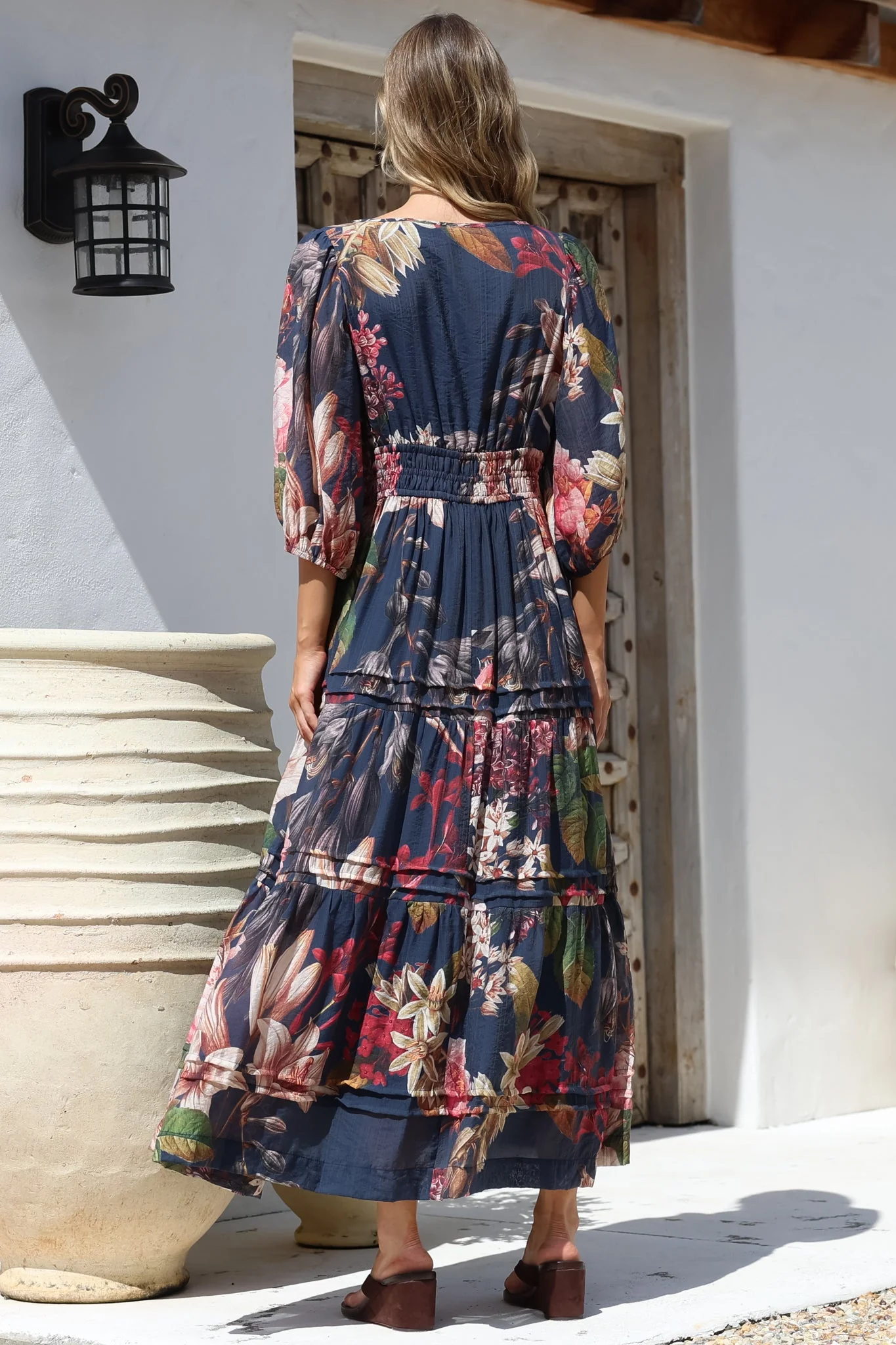 Mondelo Maxi Dress - Pleated Detailed A-Line Dress with 3/4 Balloon Sleeves in Leonor Print Navy - Image 11