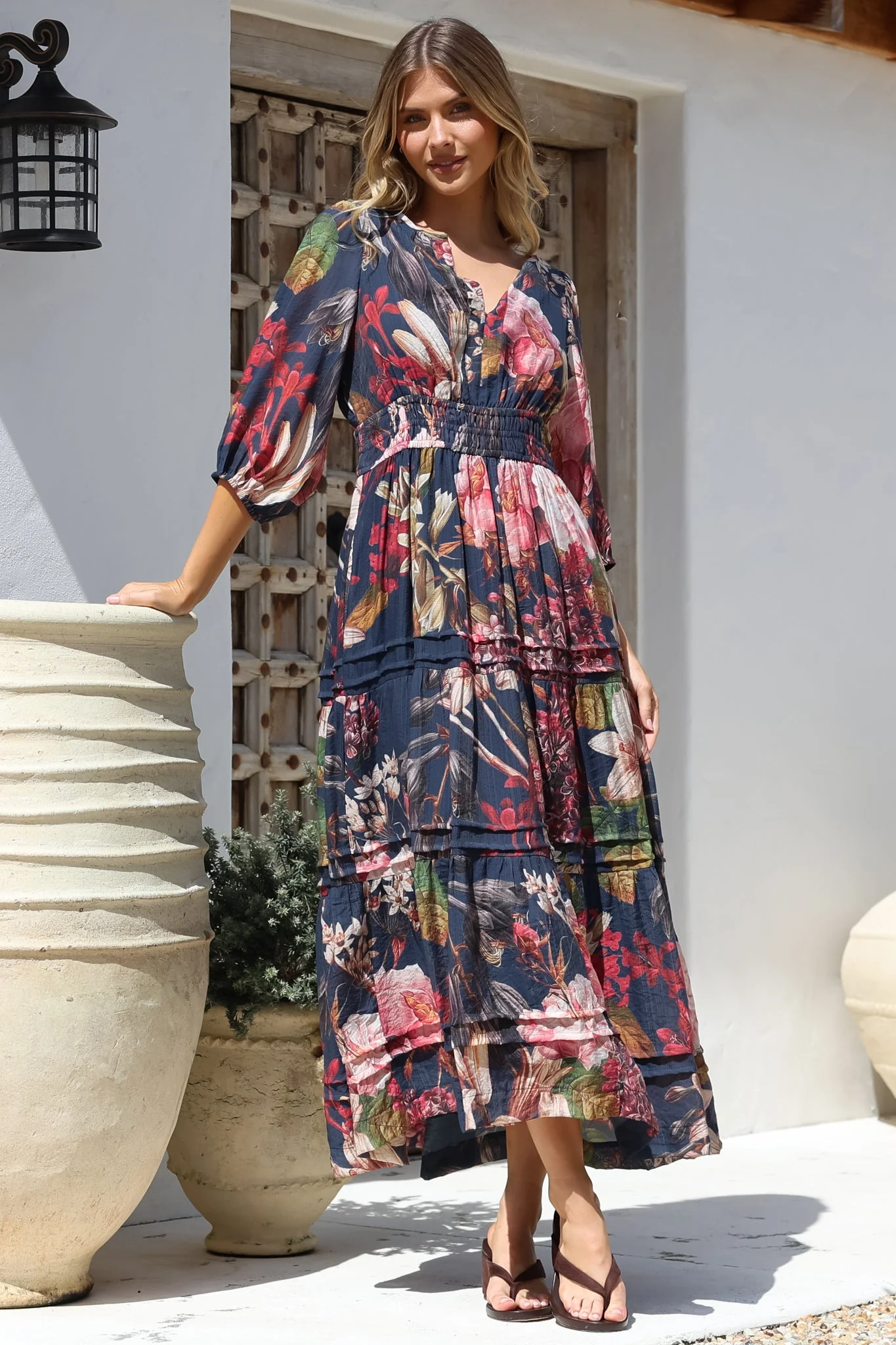 Mondelo Maxi Dress - Pleated Detailed A-Line Dress with 3/4 Balloon Sleeves in Leonor Print Navy - Image 2
