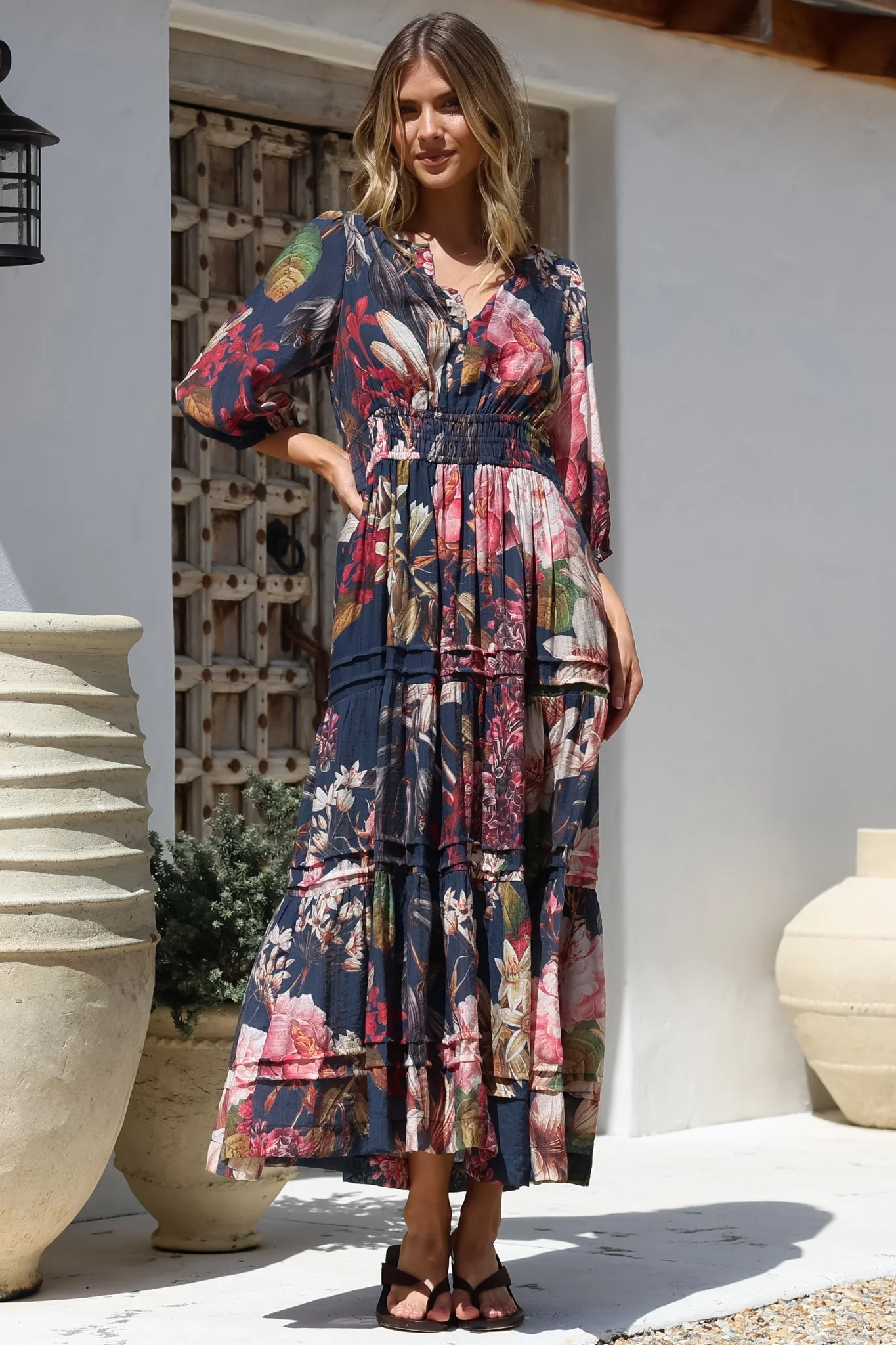 Mondelo Maxi Dress - Pleated Detailed A-Line Dress with 3/4 Balloon Sleeves in Leonor Print Navy - Image 5