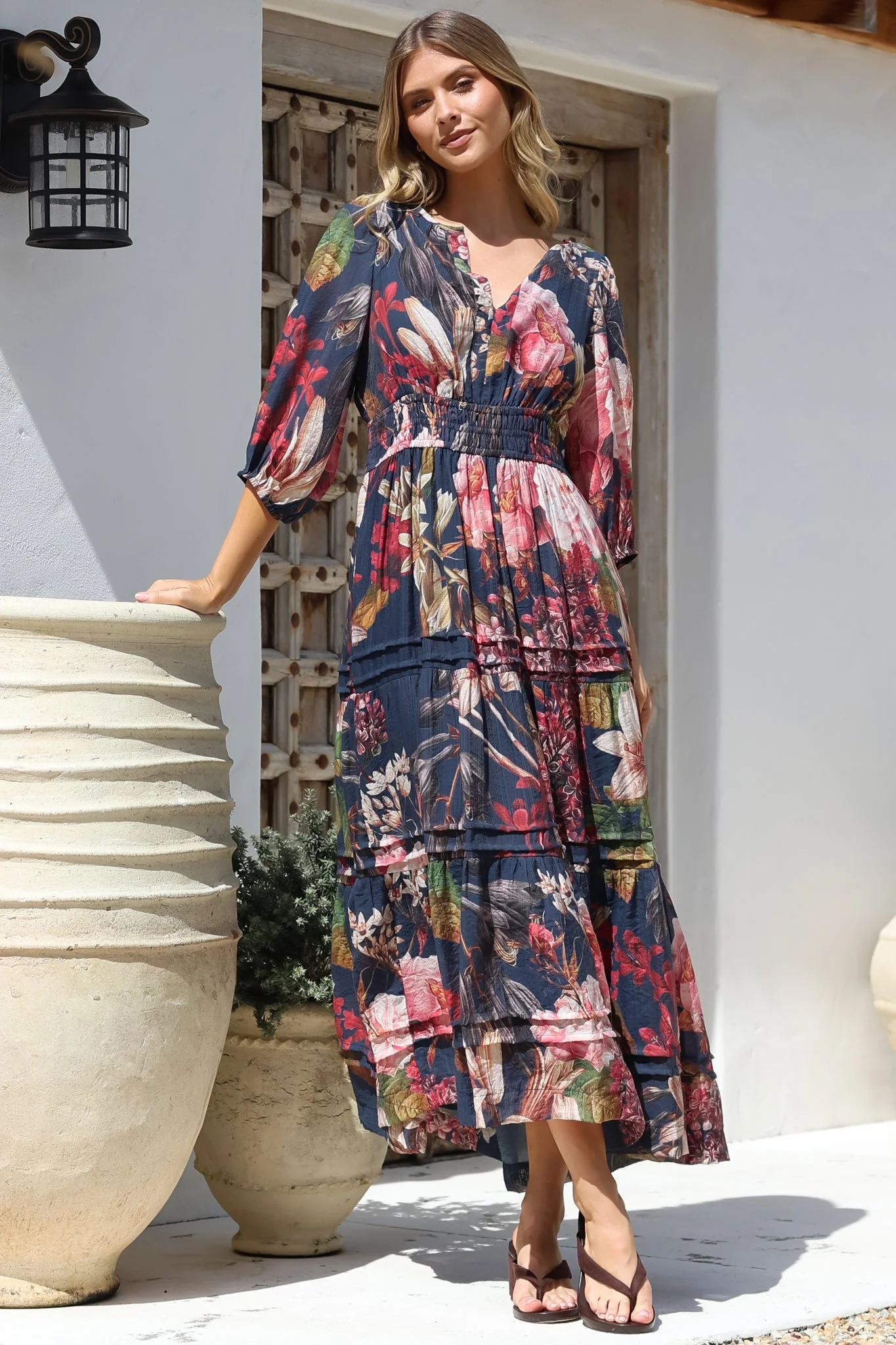 Mondelo Maxi Dress - Pleated Detailed A-Line Dress with 3/4 Balloon Sleeves in Leonor Print Navy - Image 6