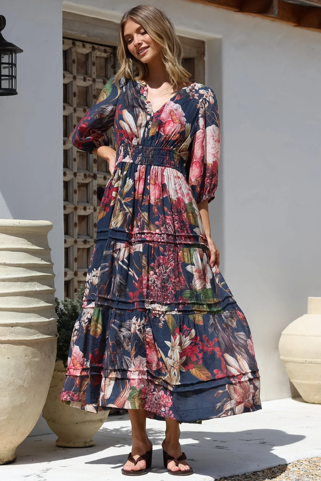 Mondelo Maxi Dress - Pleated Detailed A-Line Dress with 3/4 Balloon Sleeves in Leonor Print Navy - Image 8