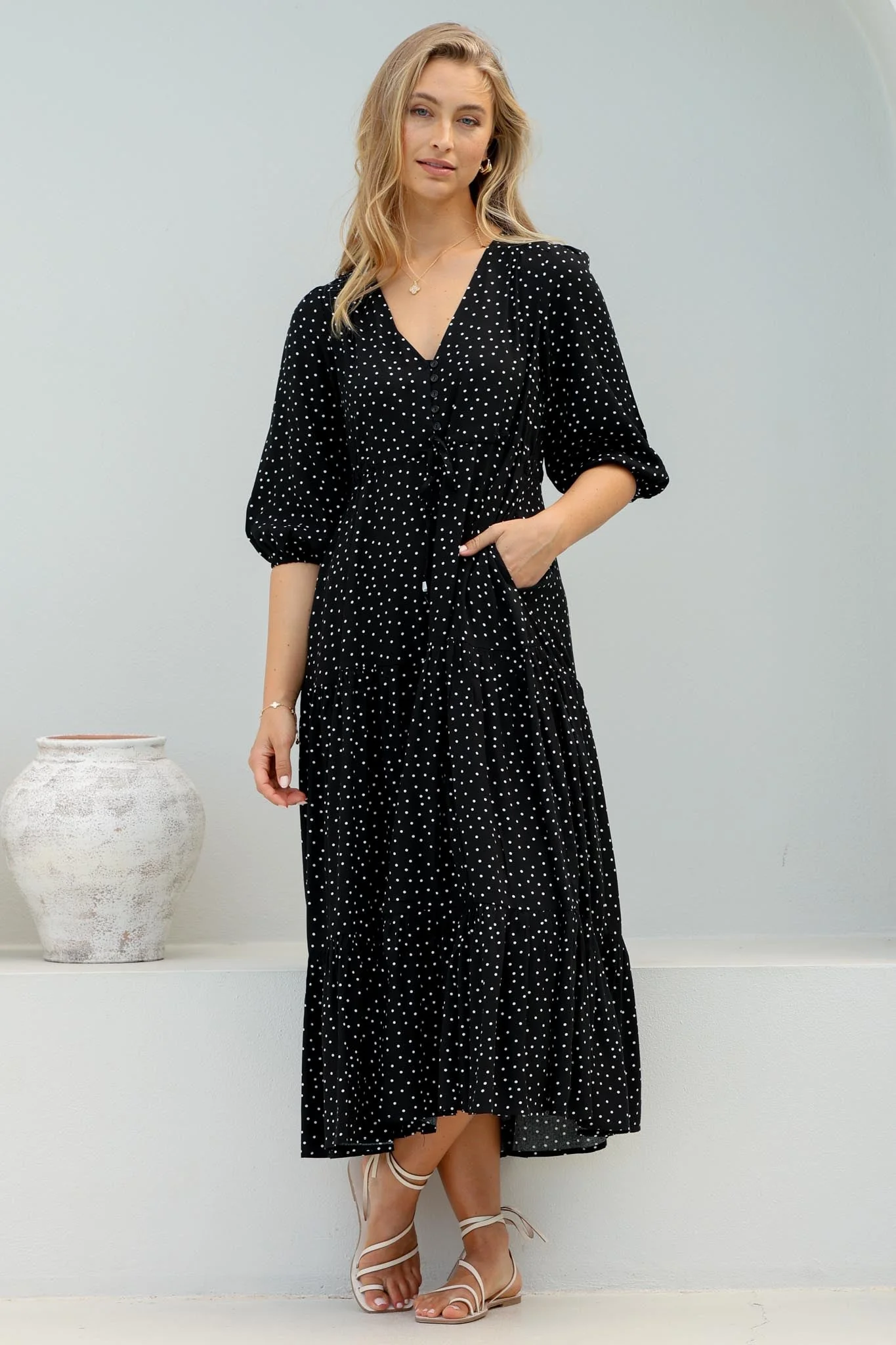 Montania Maxi Dress - Buttoned Bodice Pull in Waist Dress - Image 3