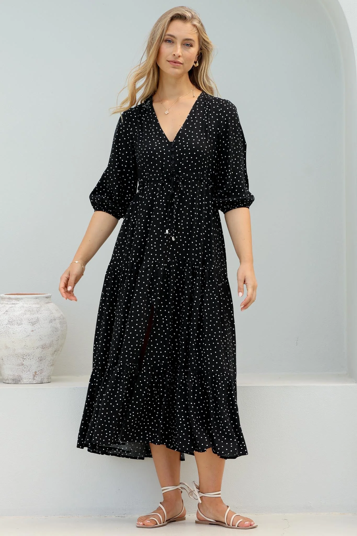 Montania Maxi Dress - Buttoned Bodice Pull in Waist Dress - Image 5