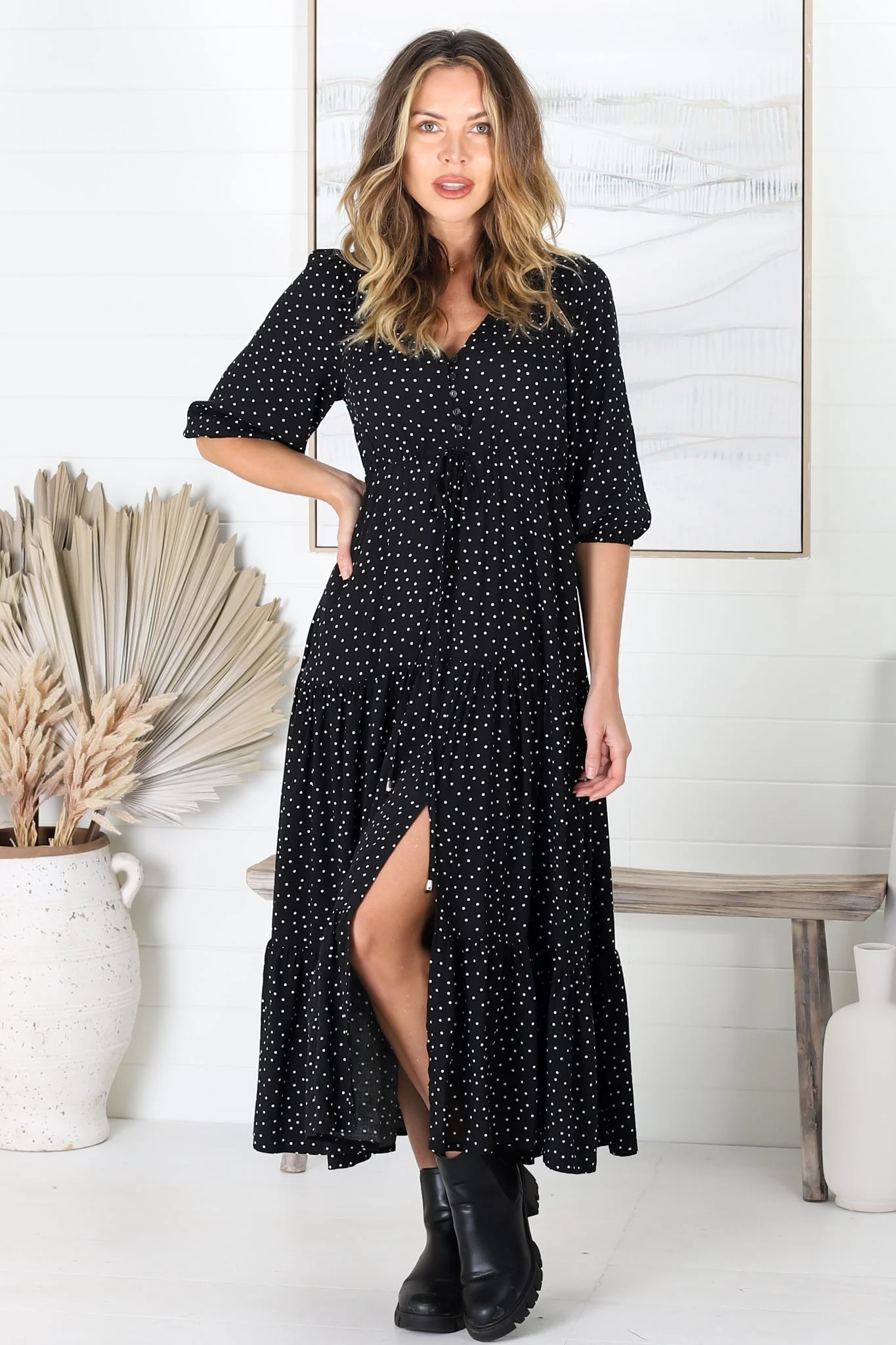 Montania Maxi Dress - Buttoned Bodice Pull in Waist Dress - Image 8