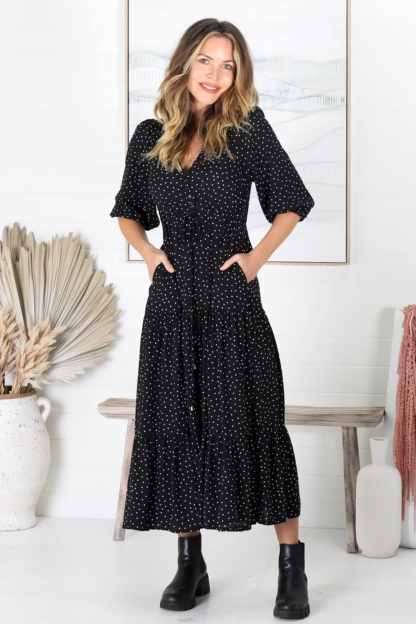 Montania Maxi Dress - Buttoned Bodice Pull in Waist Dress - Image 9