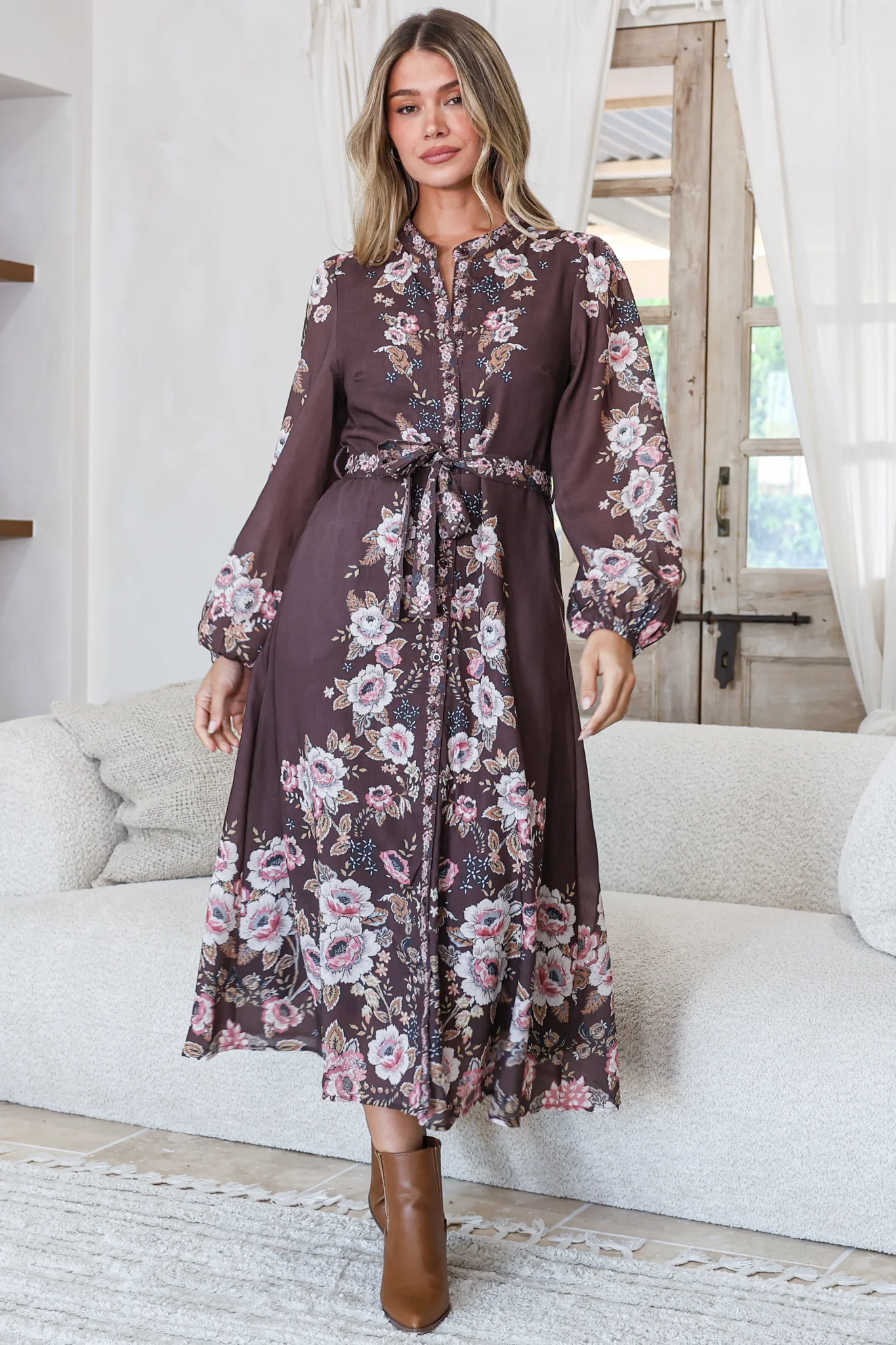 Moreana Midi Dress - Mandarin Collar Button Down Long Sleeve Dress with Belt in Fontana Print Brown
