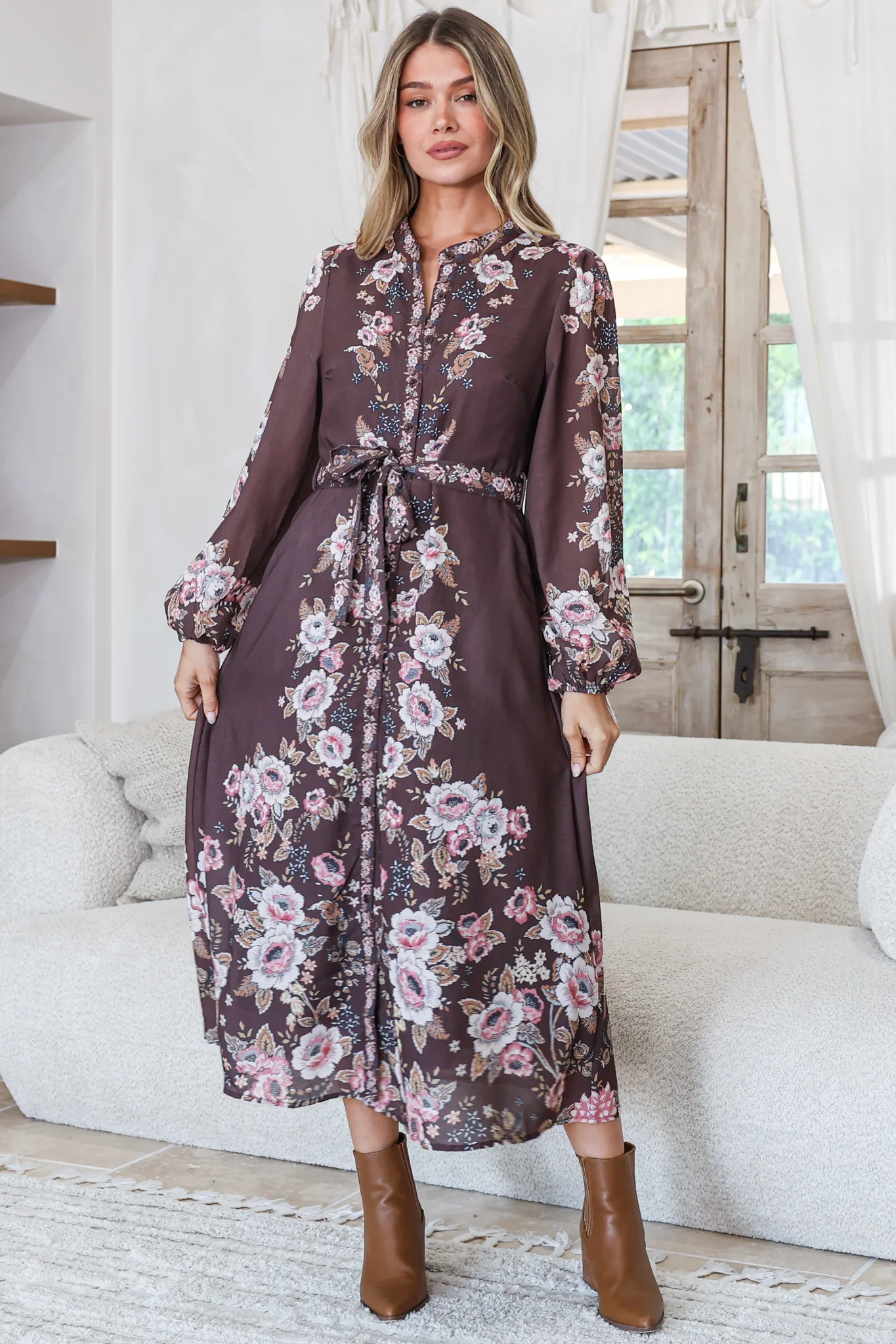 Moreana Midi Dress - Mandarin Collar Button Down Long Sleeve Dress with Belt in Fontana Print Brown - Image 2