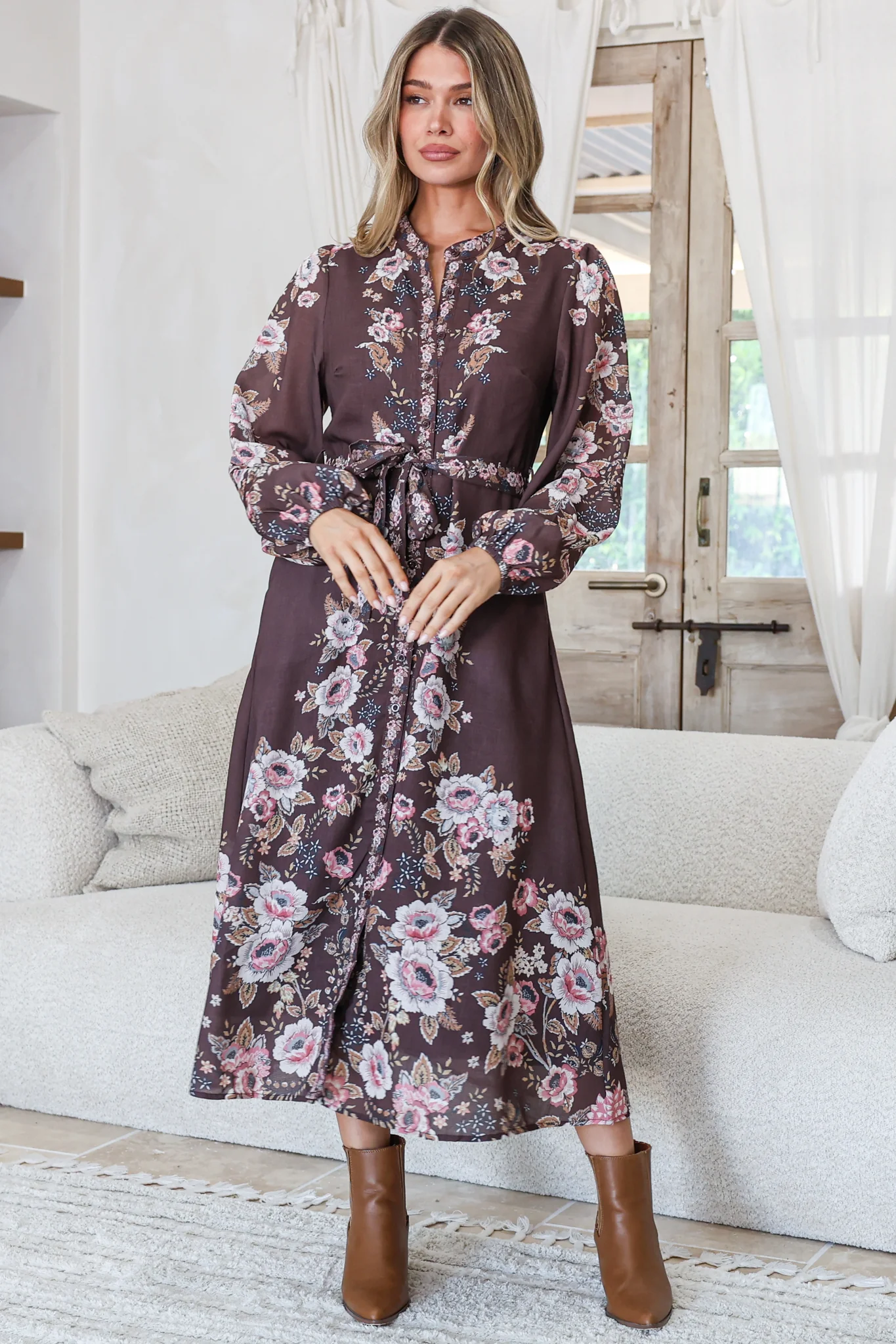 Moreana Midi Dress - Mandarin Collar Button Down Long Sleeve Dress with Belt in Fontana Print Brown - Image 3