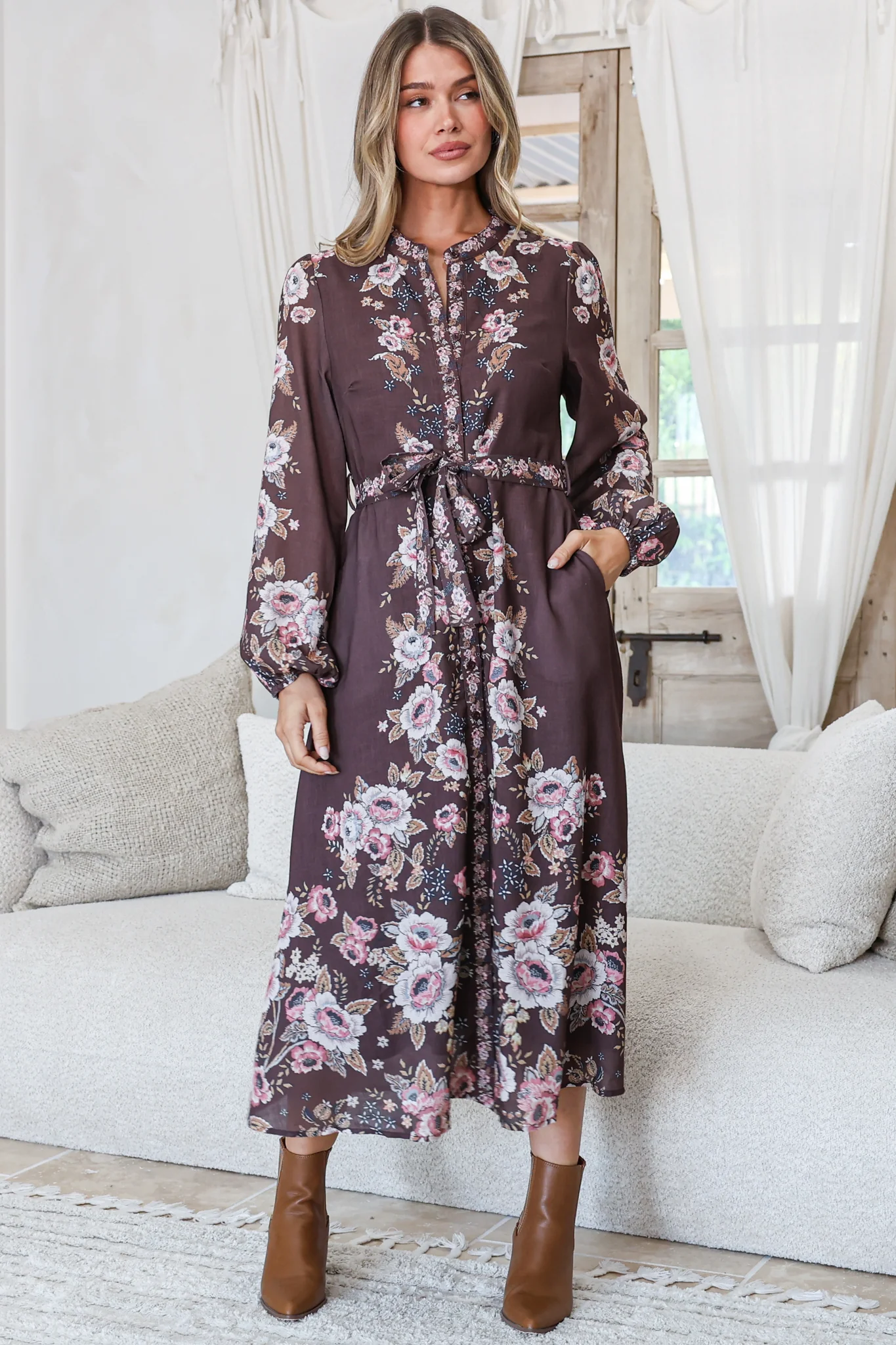 Moreana Midi Dress - Mandarin Collar Button Down Long Sleeve Dress with Belt in Fontana Print Brown - Image 4