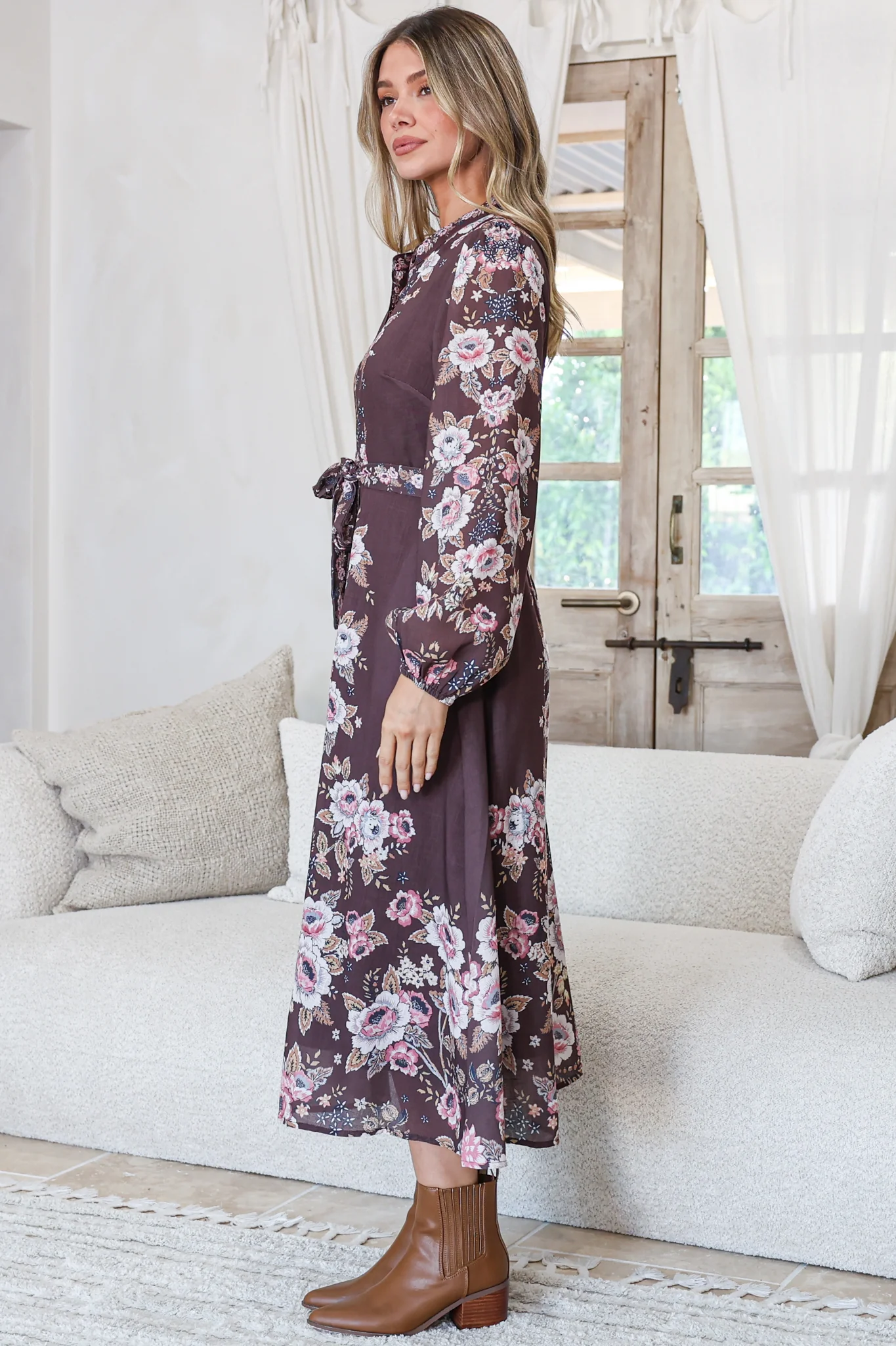Moreana Midi Dress - Mandarin Collar Button Down Long Sleeve Dress with Belt in Fontana Print Brown - Image 5