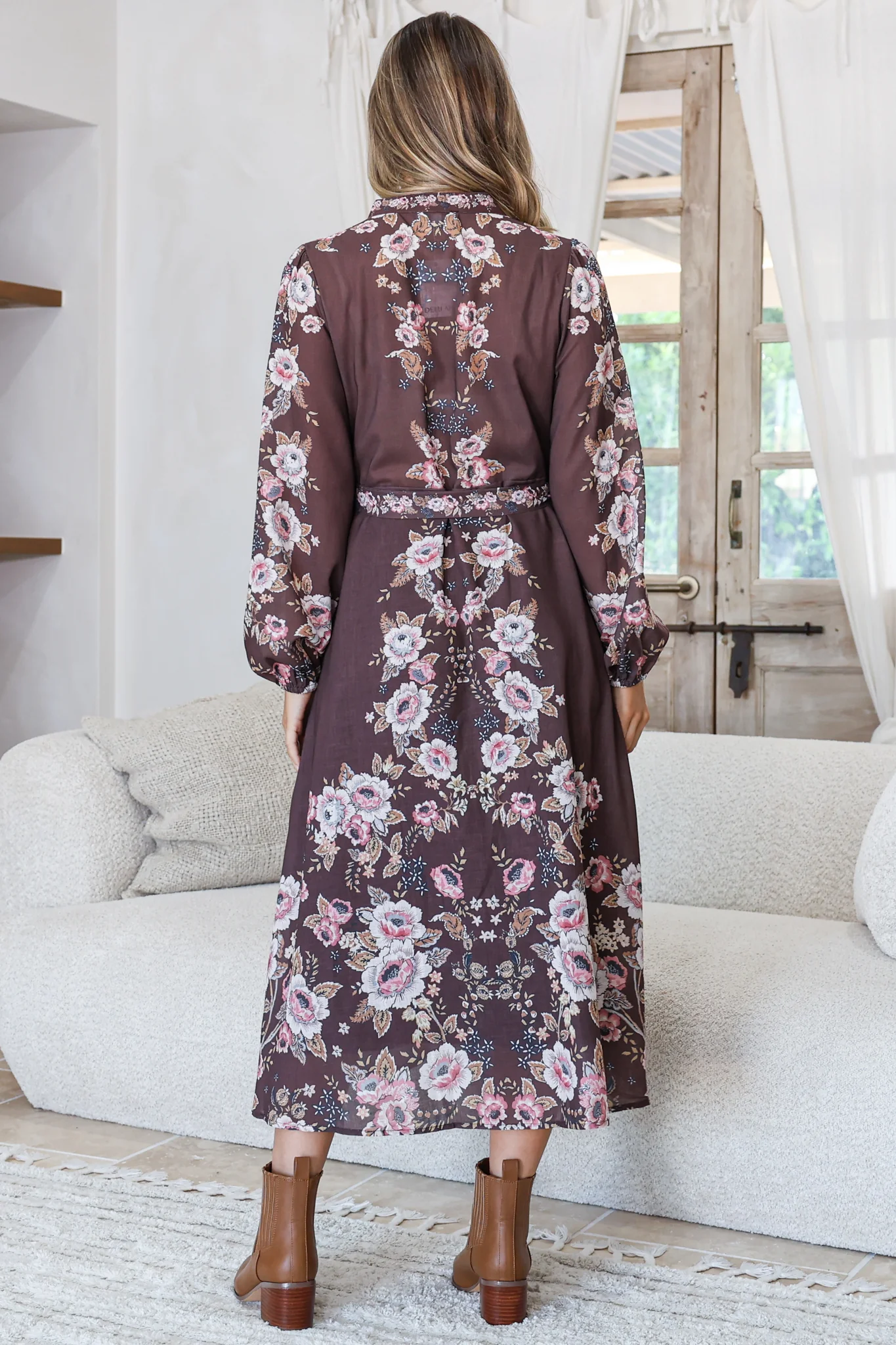 Moreana Midi Dress - Mandarin Collar Button Down Long Sleeve Dress with Belt in Fontana Print Brown - Image 6