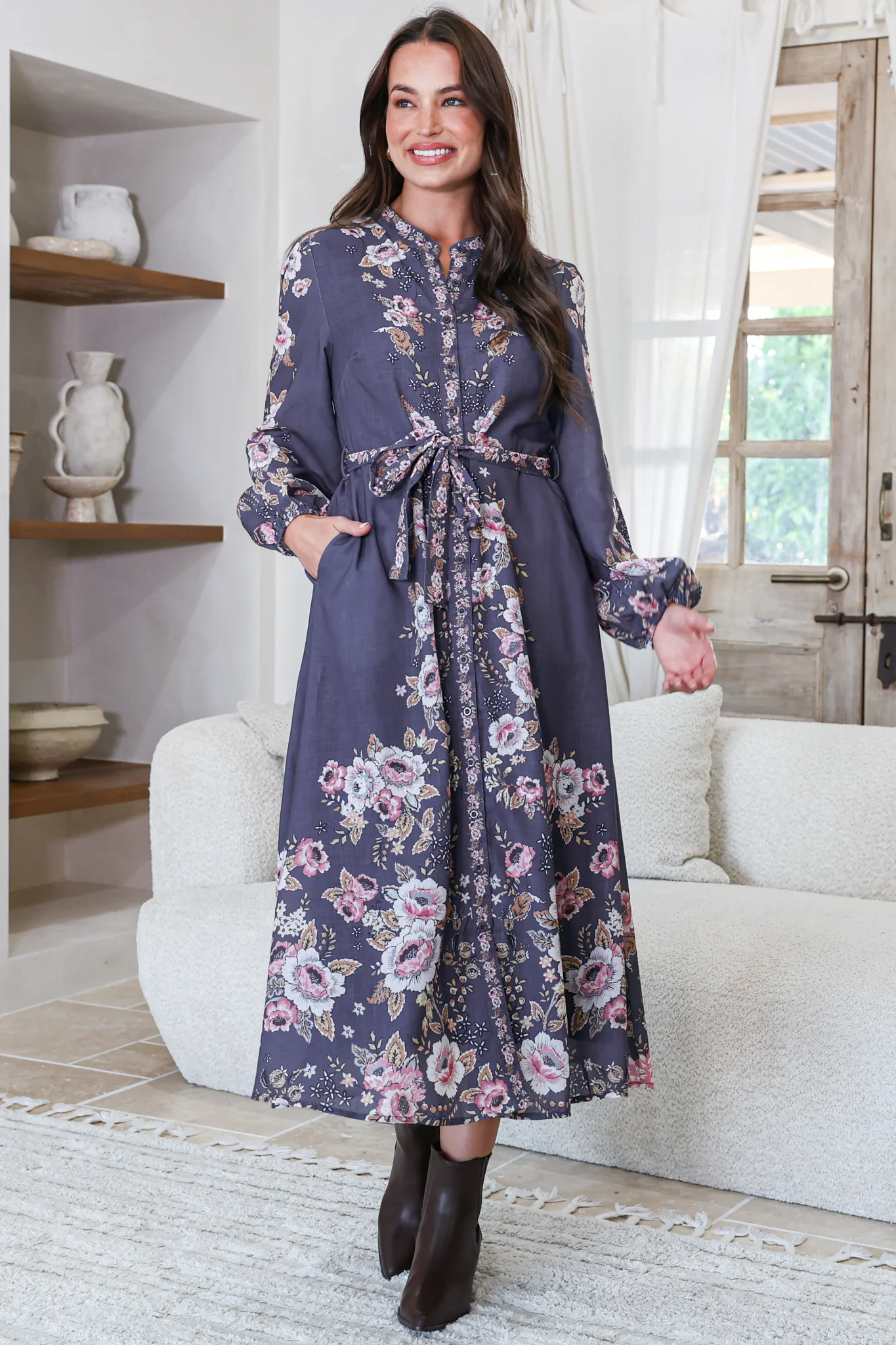 Moreana Midi Dress - Mandarin Collar Button Down Long Sleeve Dress with Belt in Fontana Print Grey - Image 2