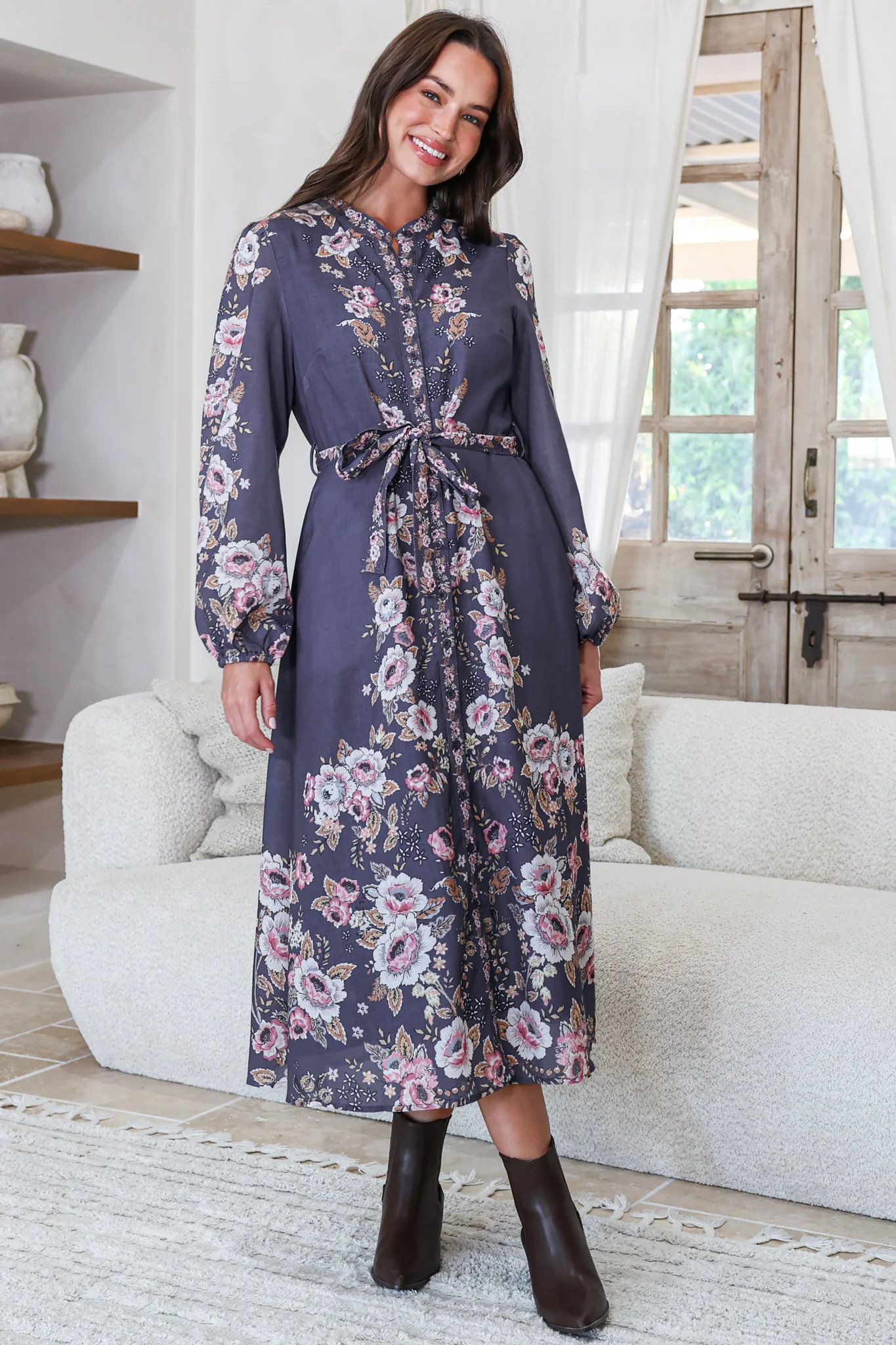 Moreana Midi Dress - Mandarin Collar Button Down Long Sleeve Dress with Belt in Fontana Print Grey - Image 3