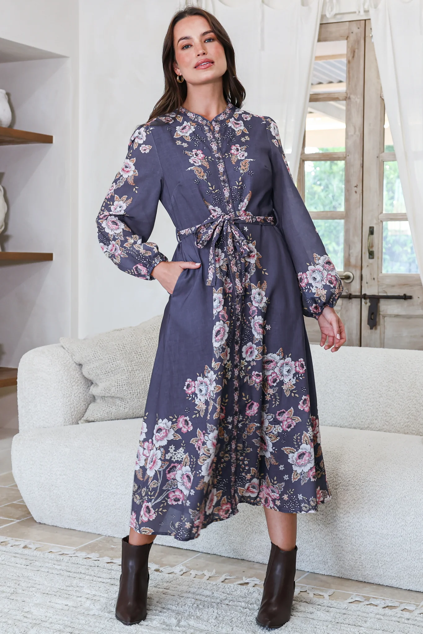Moreana Midi Dress - Mandarin Collar Button Down Long Sleeve Dress with Belt in Fontana Print Grey - Image 4