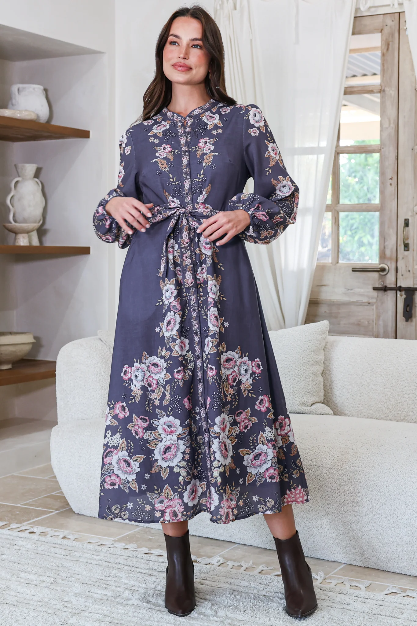 Moreana Midi Dress - Mandarin Collar Button Down Long Sleeve Dress with Belt in Fontana Print Grey - Image 5