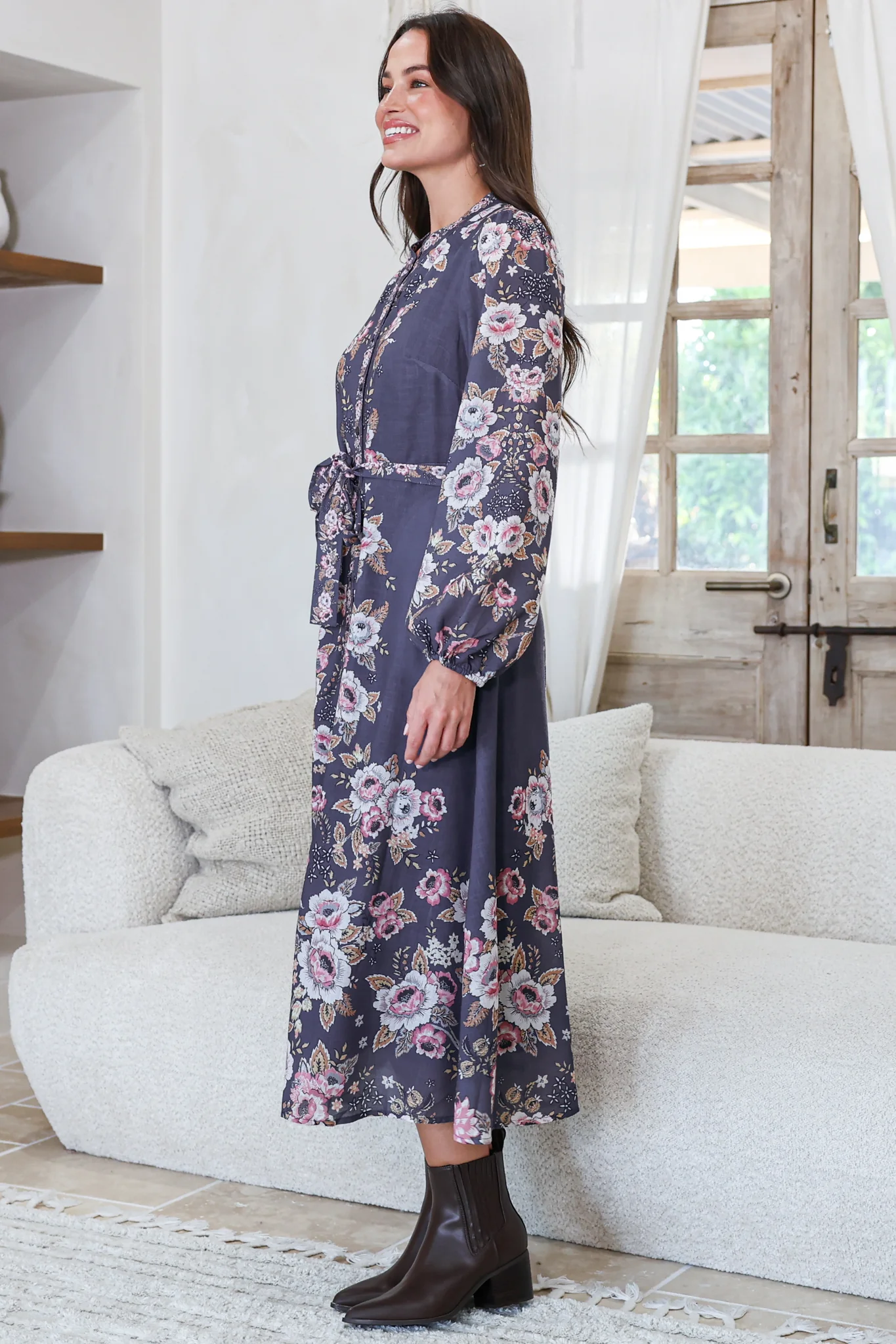 Moreana Midi Dress - Mandarin Collar Button Down Long Sleeve Dress with Belt in Fontana Print Grey - Image 6