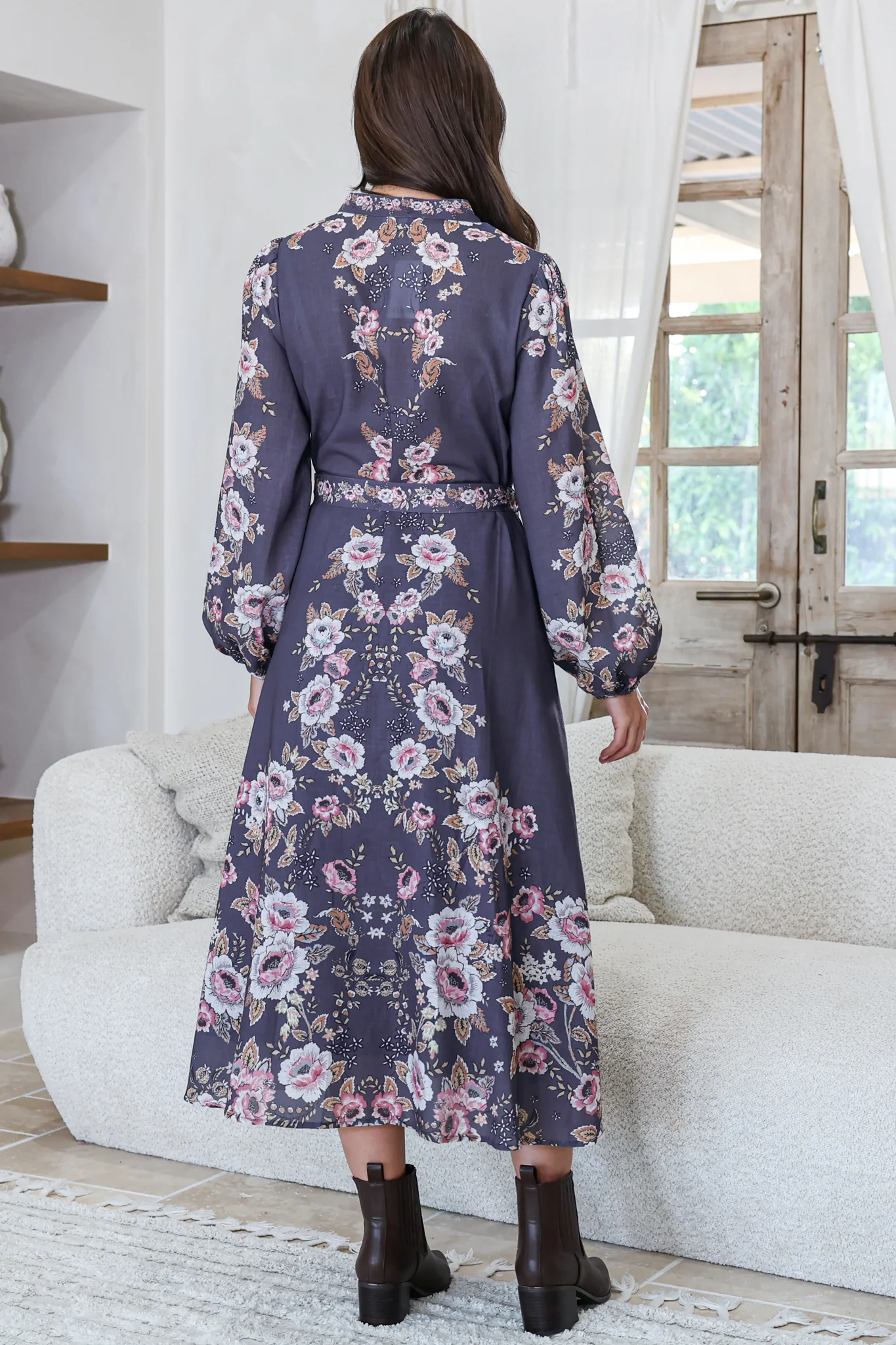 Moreana Midi Dress - Mandarin Collar Button Down Long Sleeve Dress with Belt in Fontana Print Grey - Image 7