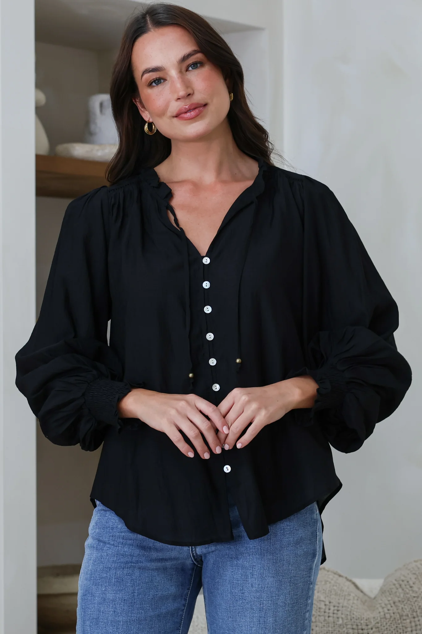 Moree Blouse - Frill Collar Neck Tie Button Down Shirt in Black - Image 2