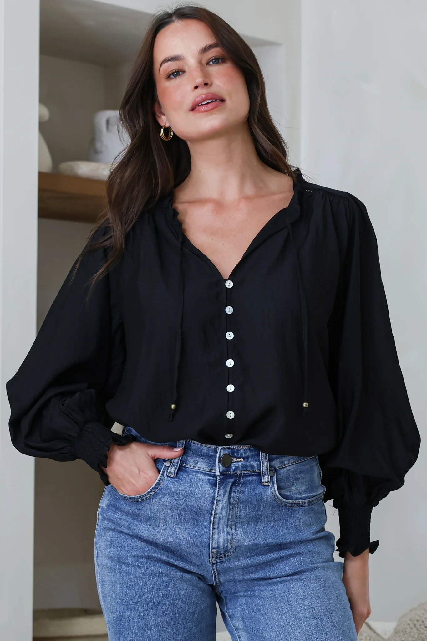 Moree Blouse - Frill Collar Neck Tie Button Down Shirt in Black - Image 3