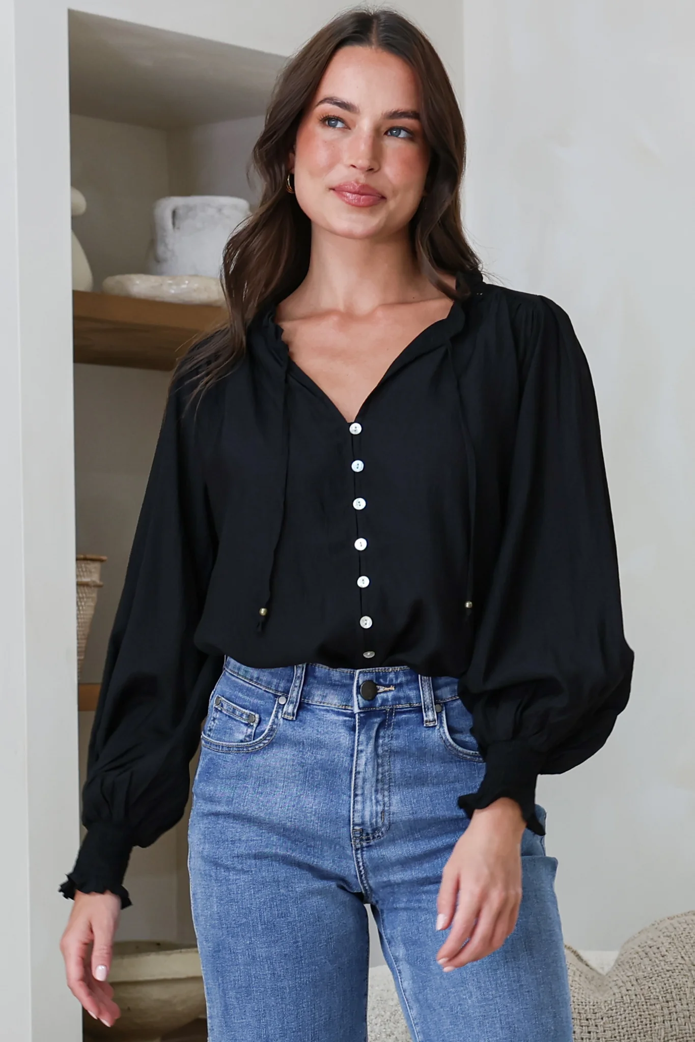 Moree Blouse - Frill Collar Neck Tie Button Down Shirt in Black - Image 4