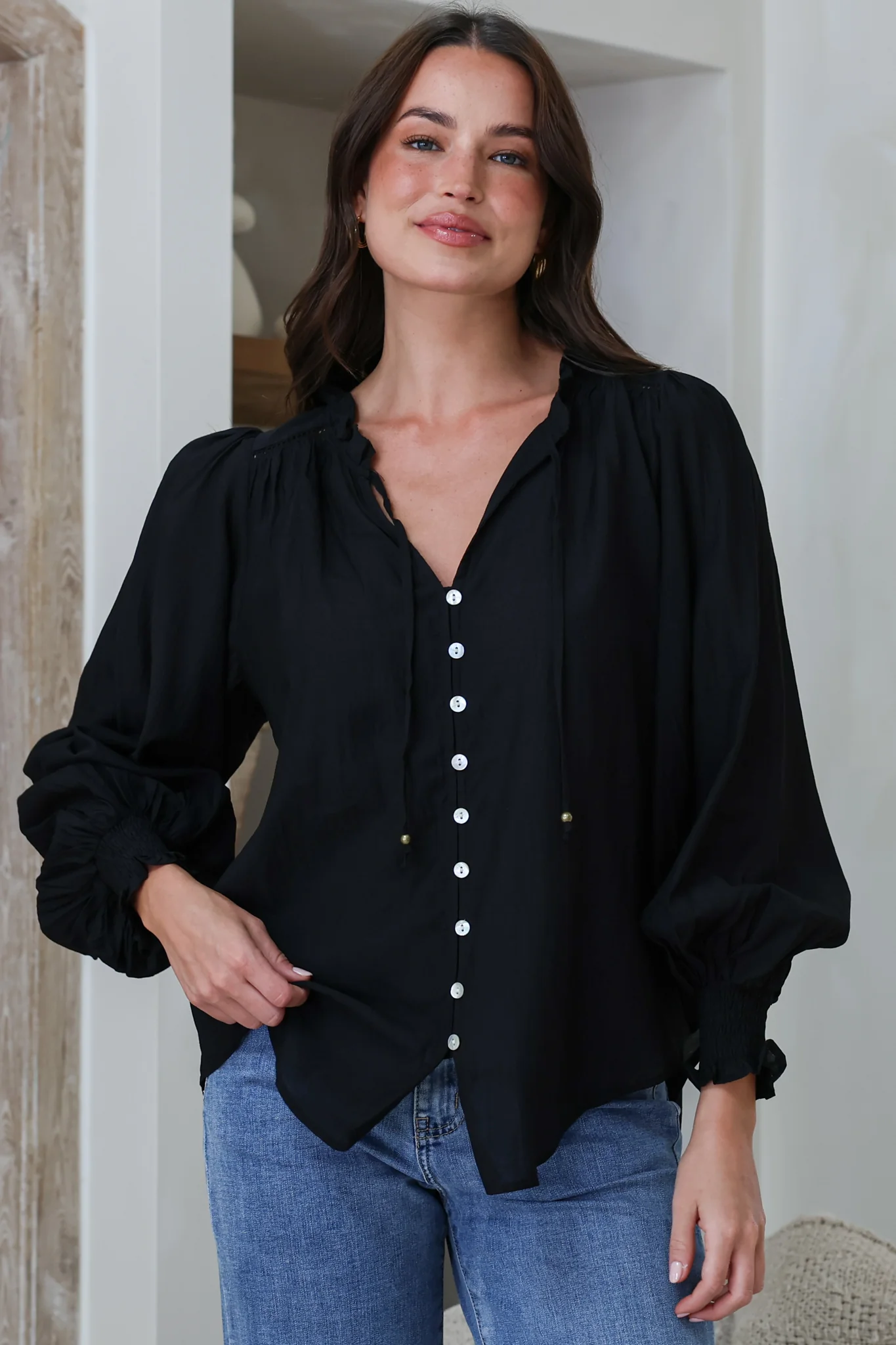 Moree Blouse - Frill Collar Neck Tie Button Down Shirt in Black - Image 5
