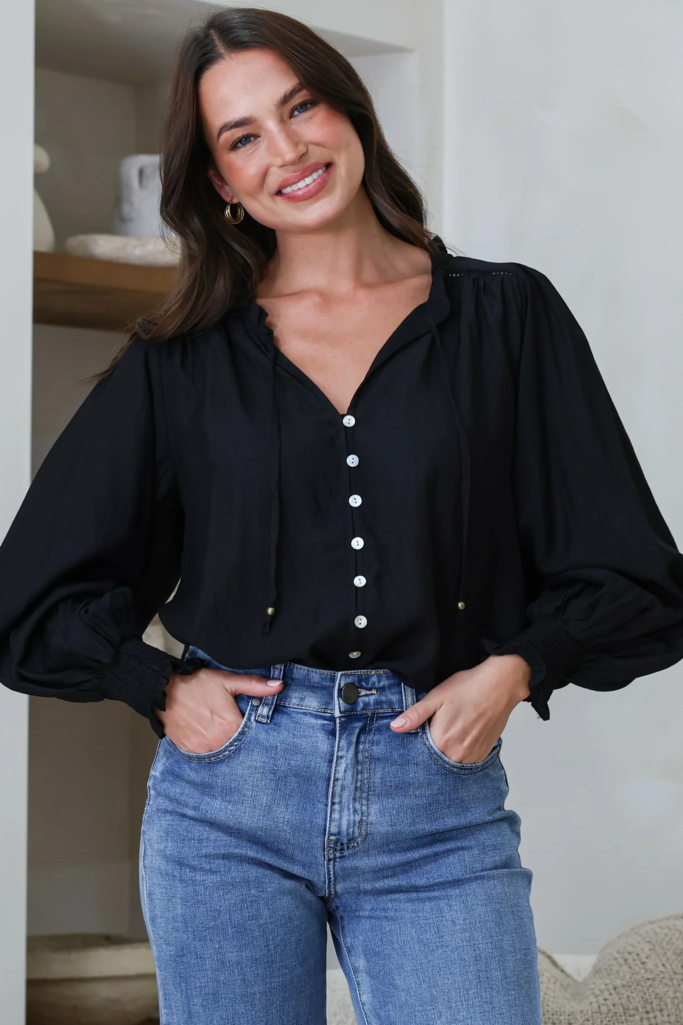 Moree Blouse - Frill Collar Neck Tie Button Down Shirt in Black - Image 6